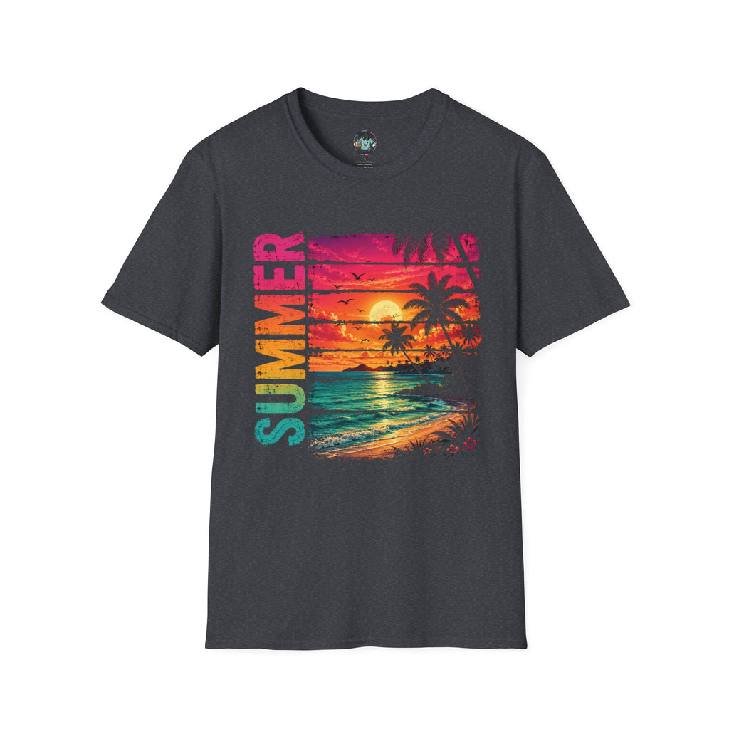 Sunset Palm Beach T-Shirt — Hot Pink & Teal Ocean Vibes