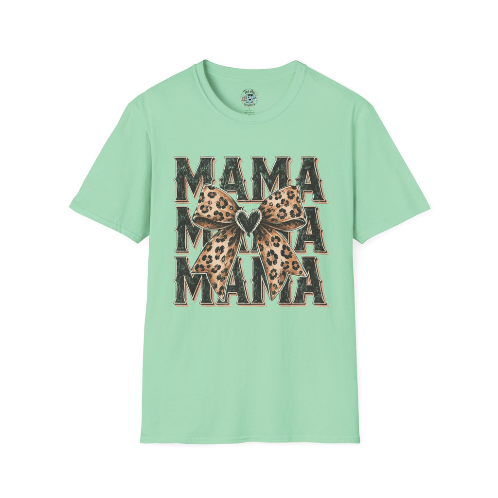 Mama Leopard Bow T‑Shirt — Mama Graphic Tee with Leopard Print Bow