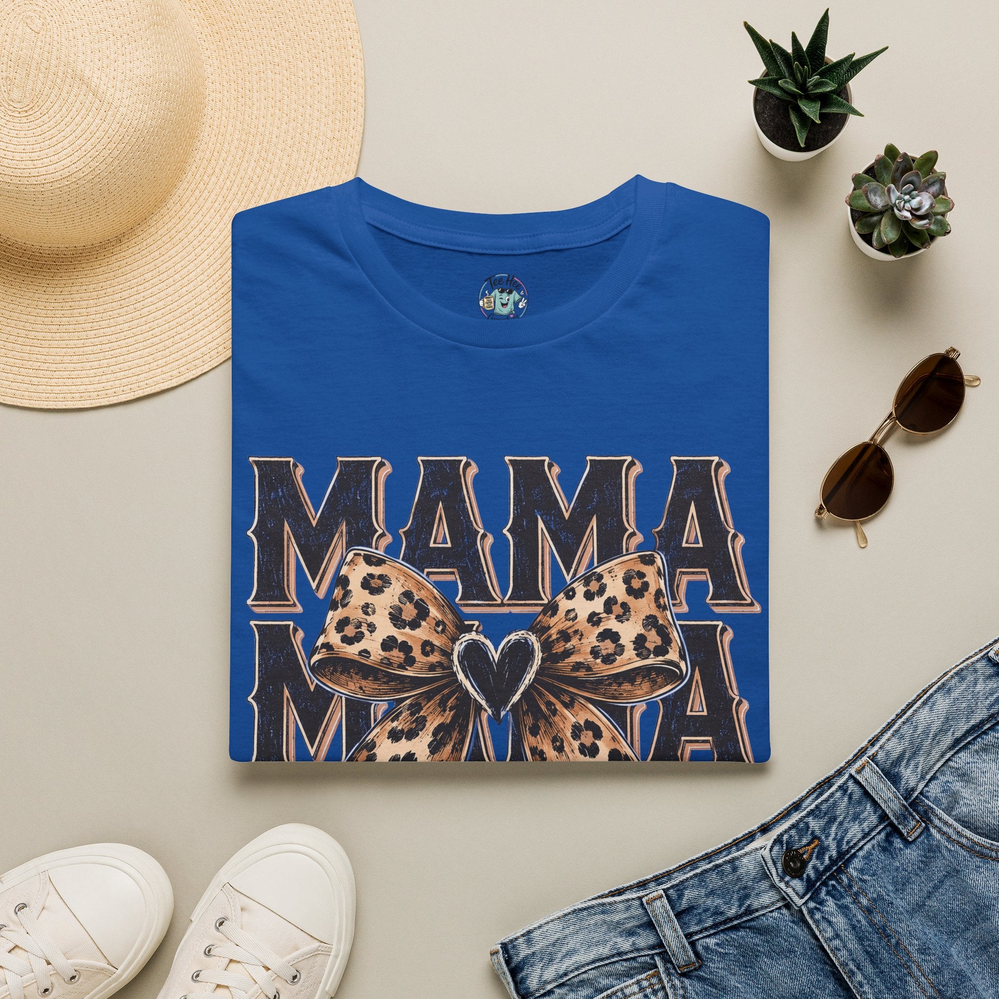 Mama Leopard Bow T‑Shirt — Mama Graphic Tee with Leopard Print Bow