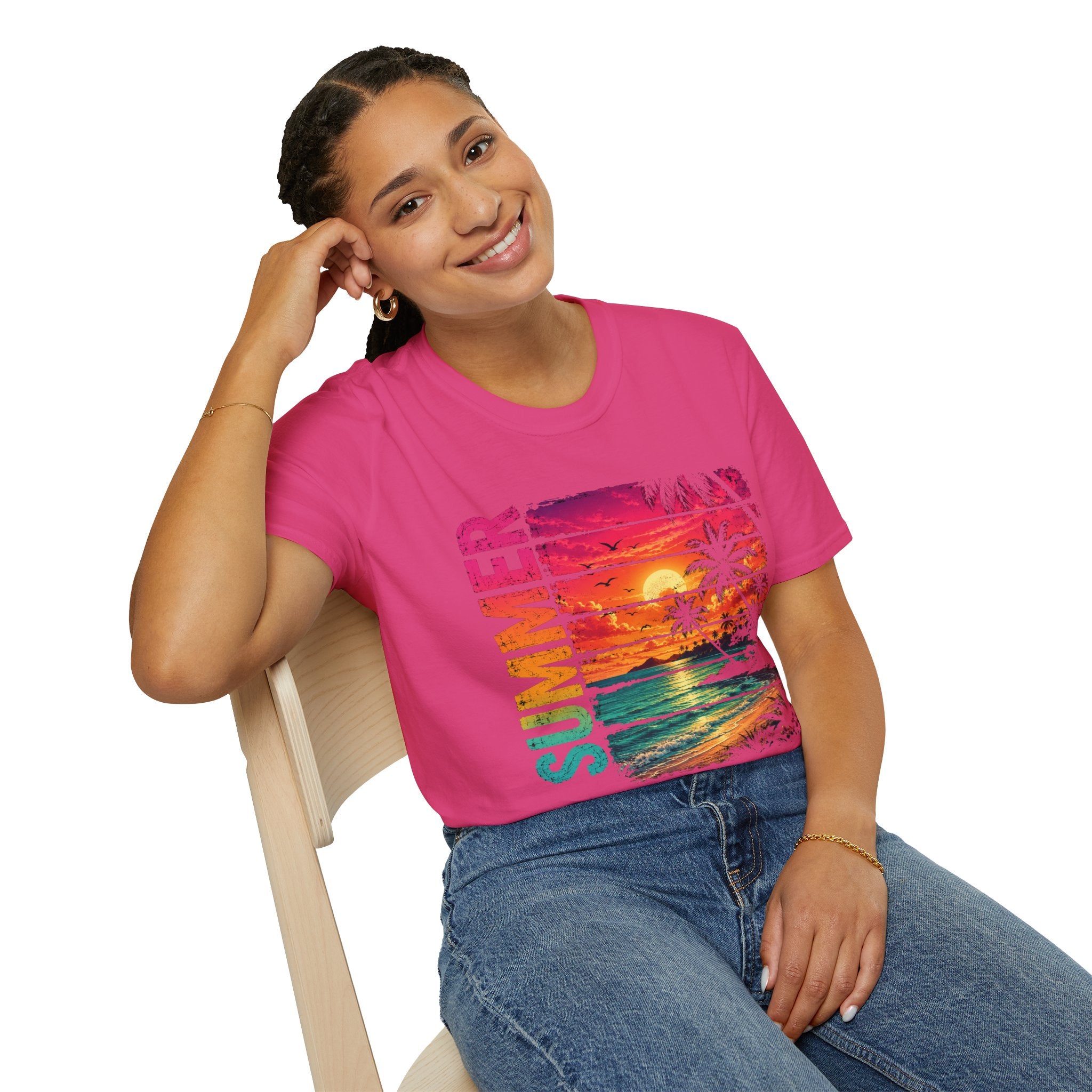 Sunset Palm Beach T-Shirt — Hot Pink & Teal Ocean Vibes