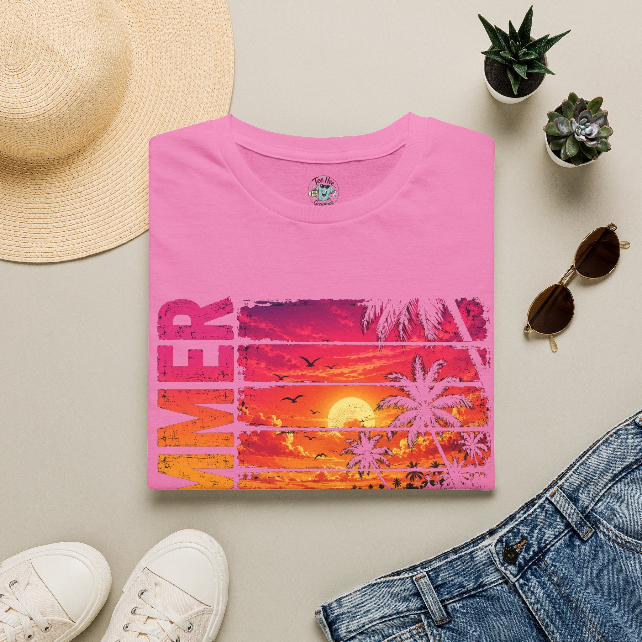 Sunset Palm Beach T-Shirt — Hot Pink & Teal Ocean Vibes