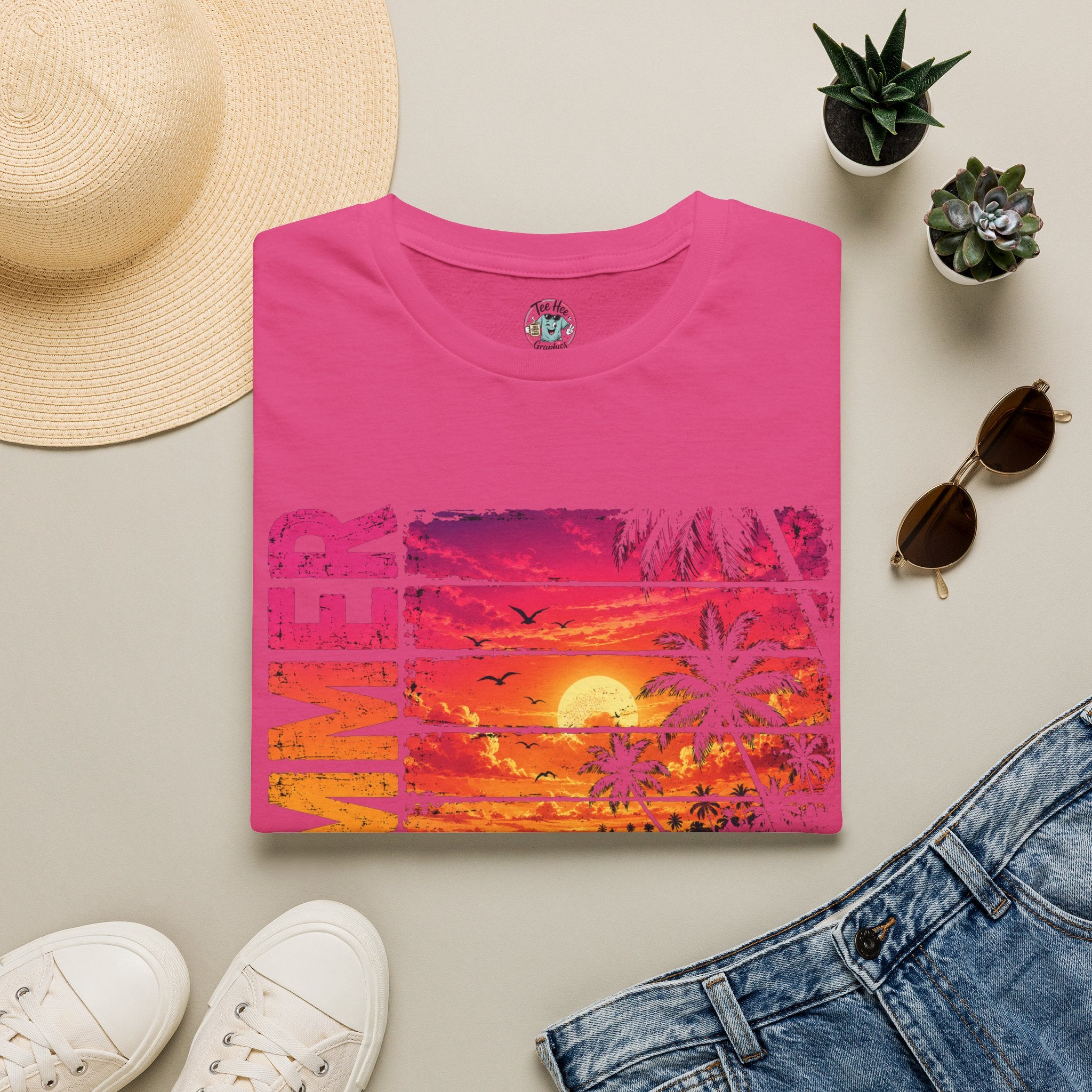 Sunset Palm Beach T-Shirt — Hot Pink & Teal Ocean Vibes