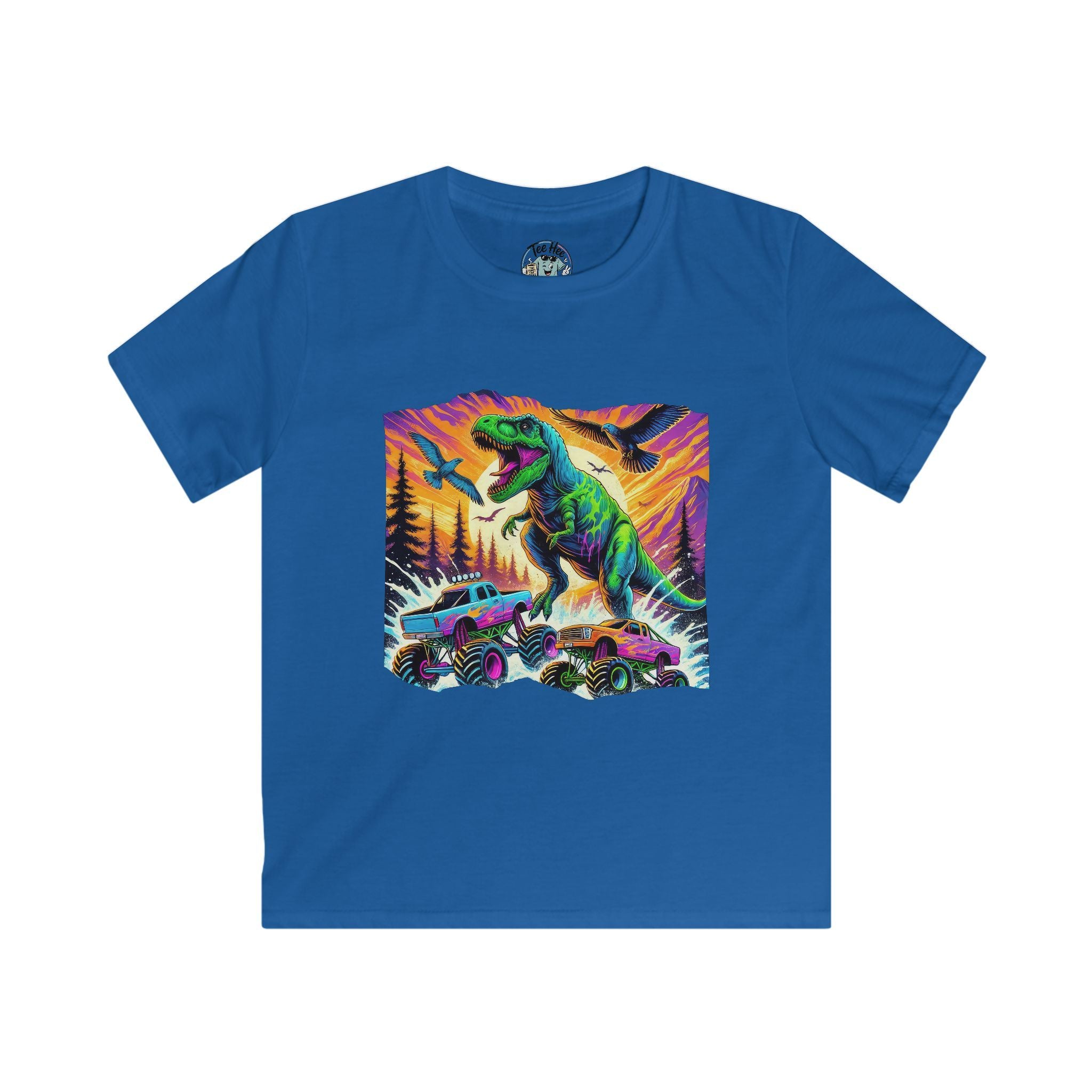 Kids T‑Shirt — Neon T‑Rex & Monster Truck Graphic