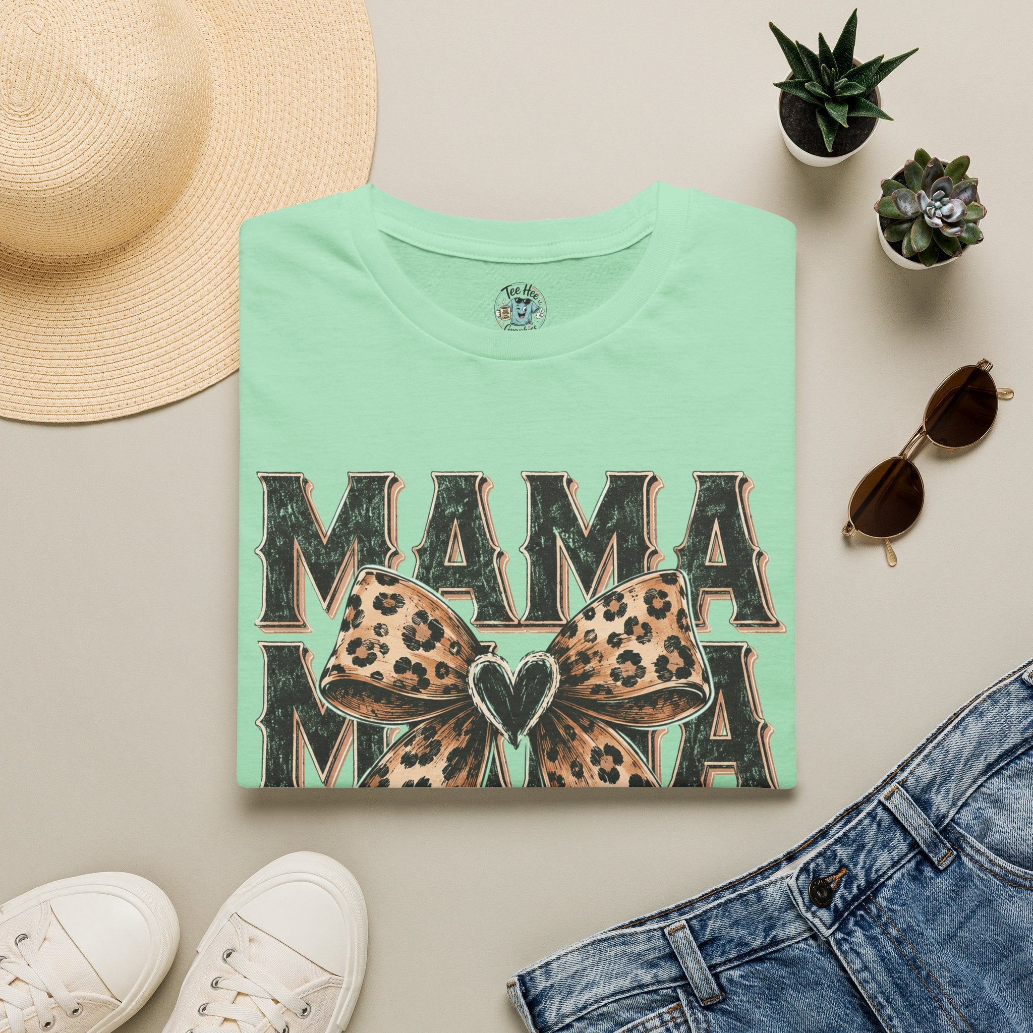 Mama Leopard Bow T‑Shirt — Mama Graphic Tee with Leopard Print Bow