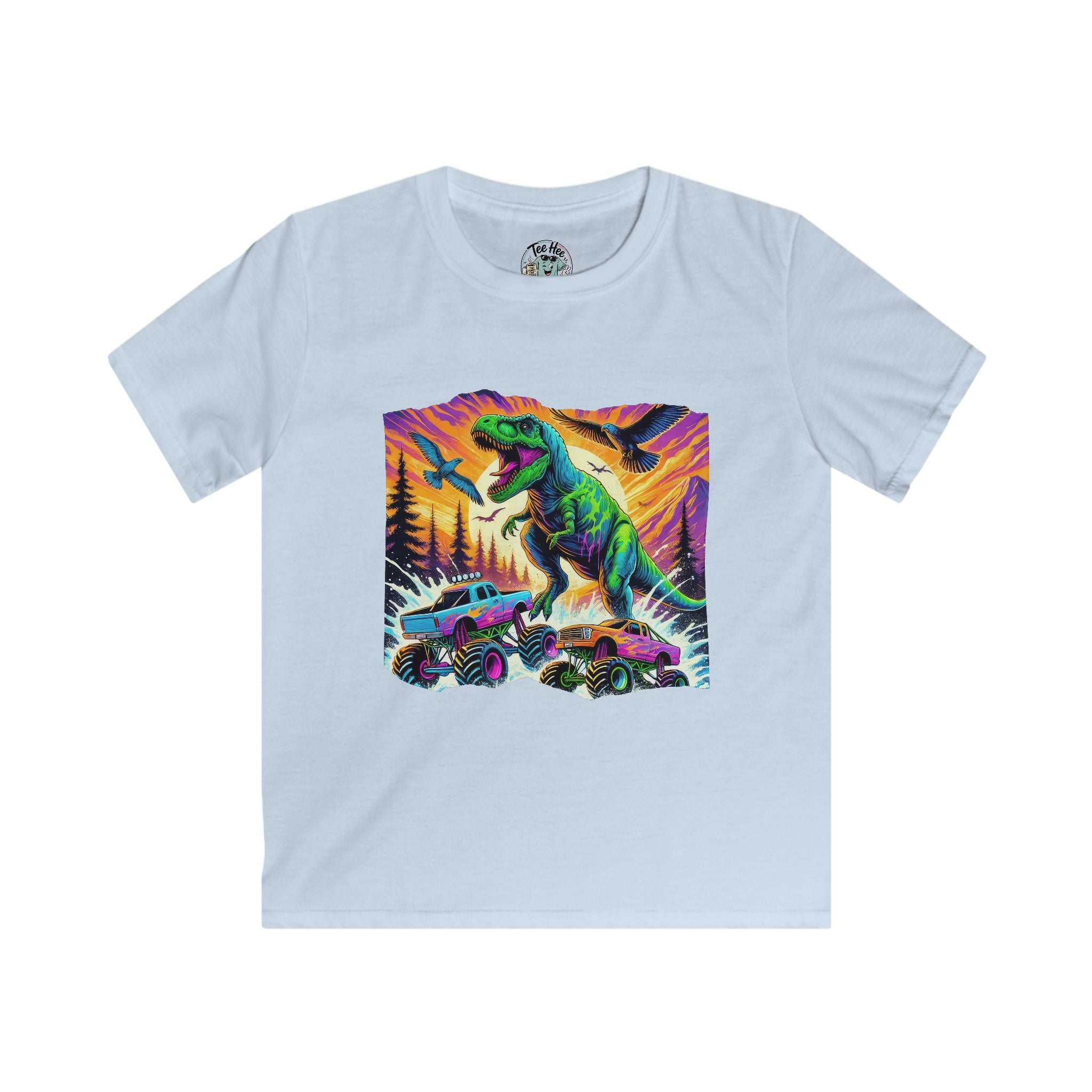 Kids T‑Shirt — Neon T‑Rex & Monster Truck Graphic