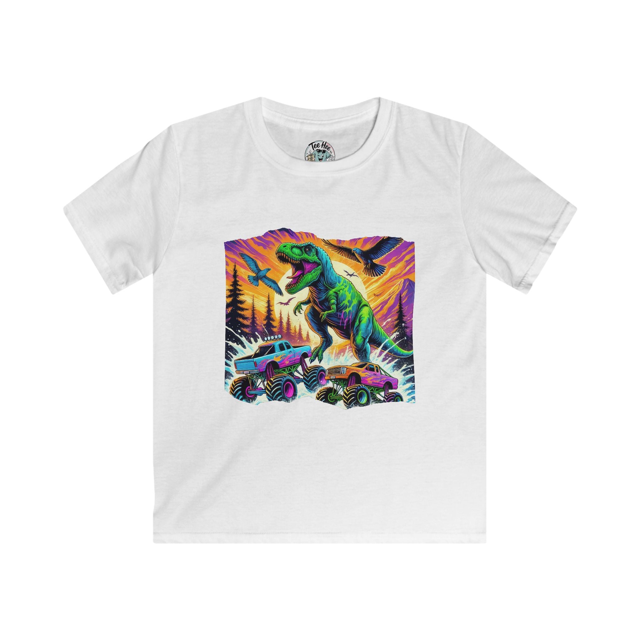 Kids T‑Shirt — Neon T‑Rex & Monster Truck Graphic