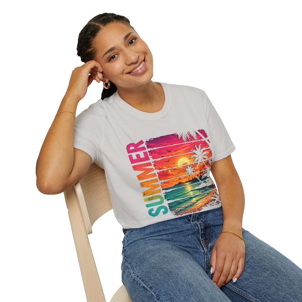 Sunset Palm Beach T-Shirt — Hot Pink & Teal Ocean Vibes