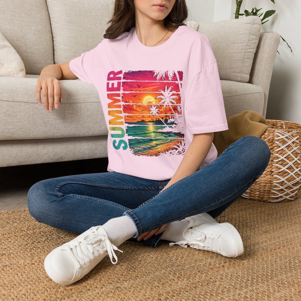 Sunset Palm Beach T-Shirt — Hot Pink & Teal Ocean Vibes