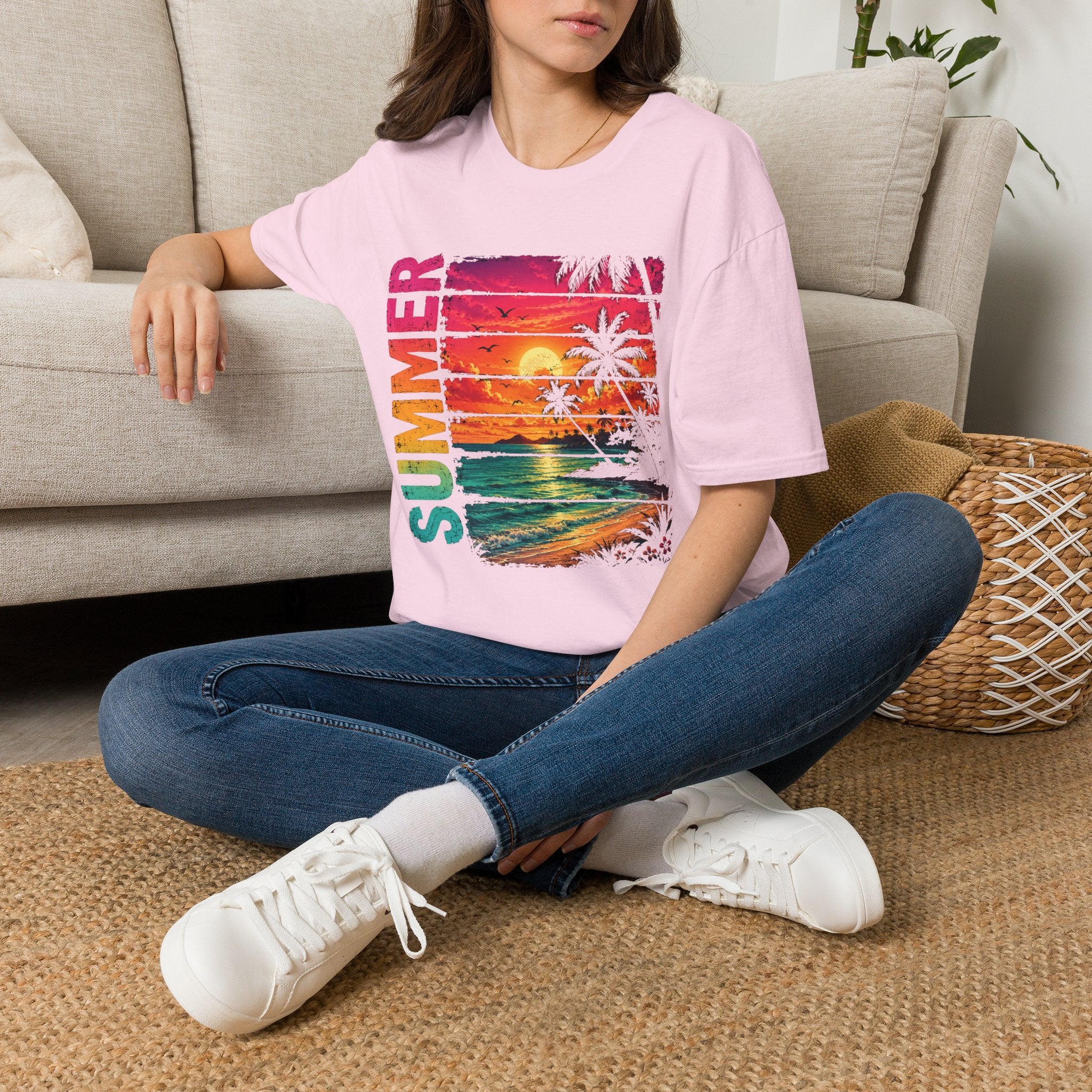 Sunset Palm Beach T-Shirt — Hot Pink & Teal Ocean Vibes
