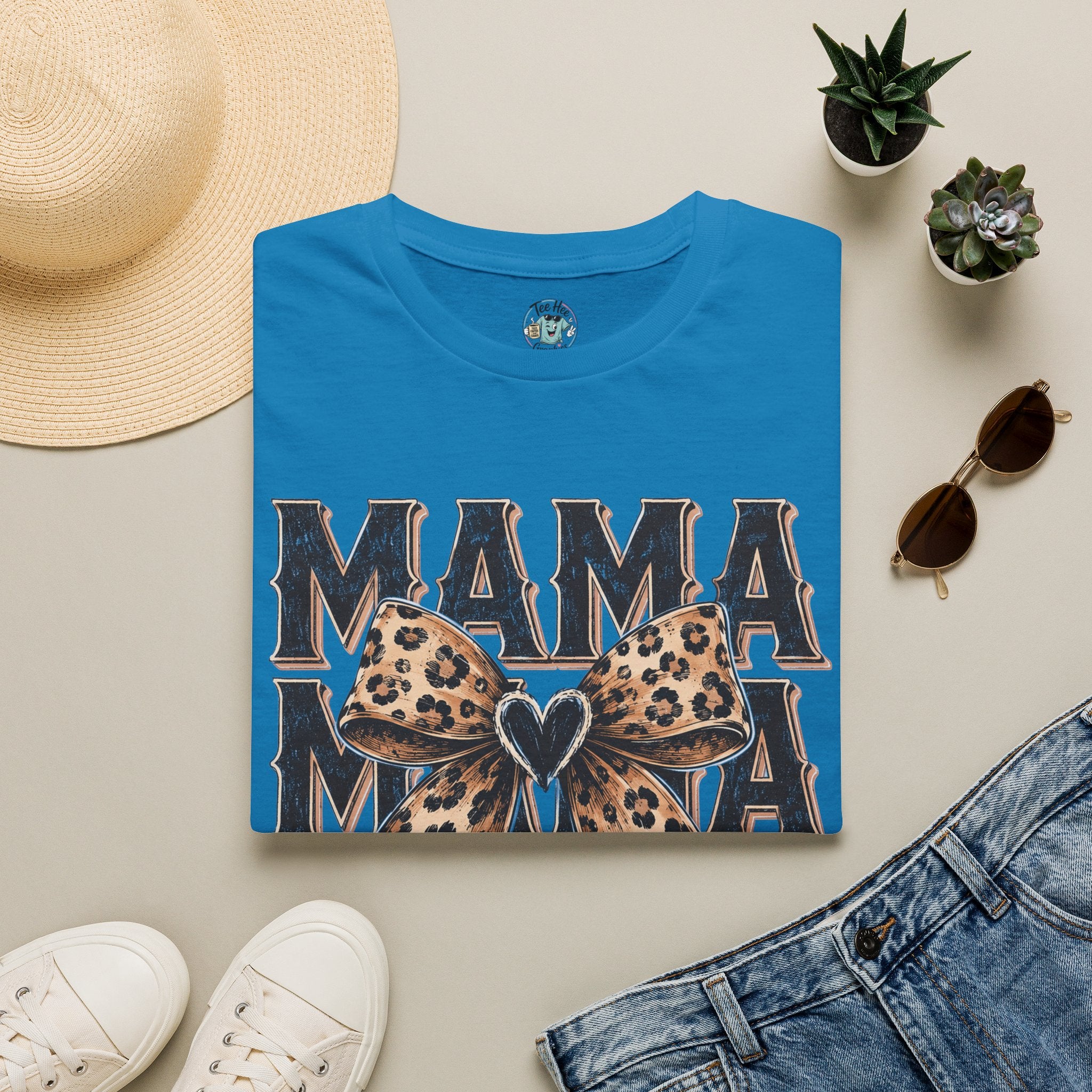 Mama Leopard Bow T‑Shirt — Mama Graphic Tee with Leopard Print Bow