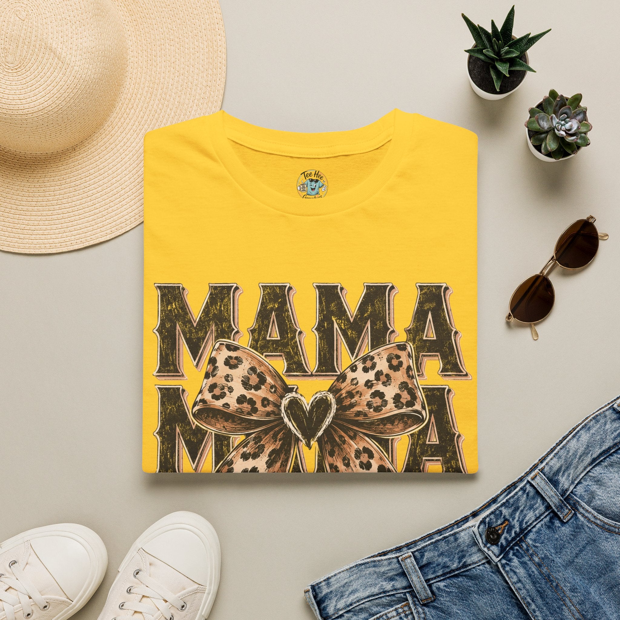 Mama Leopard Bow T‑Shirt — Mama Graphic Tee with Leopard Print Bow