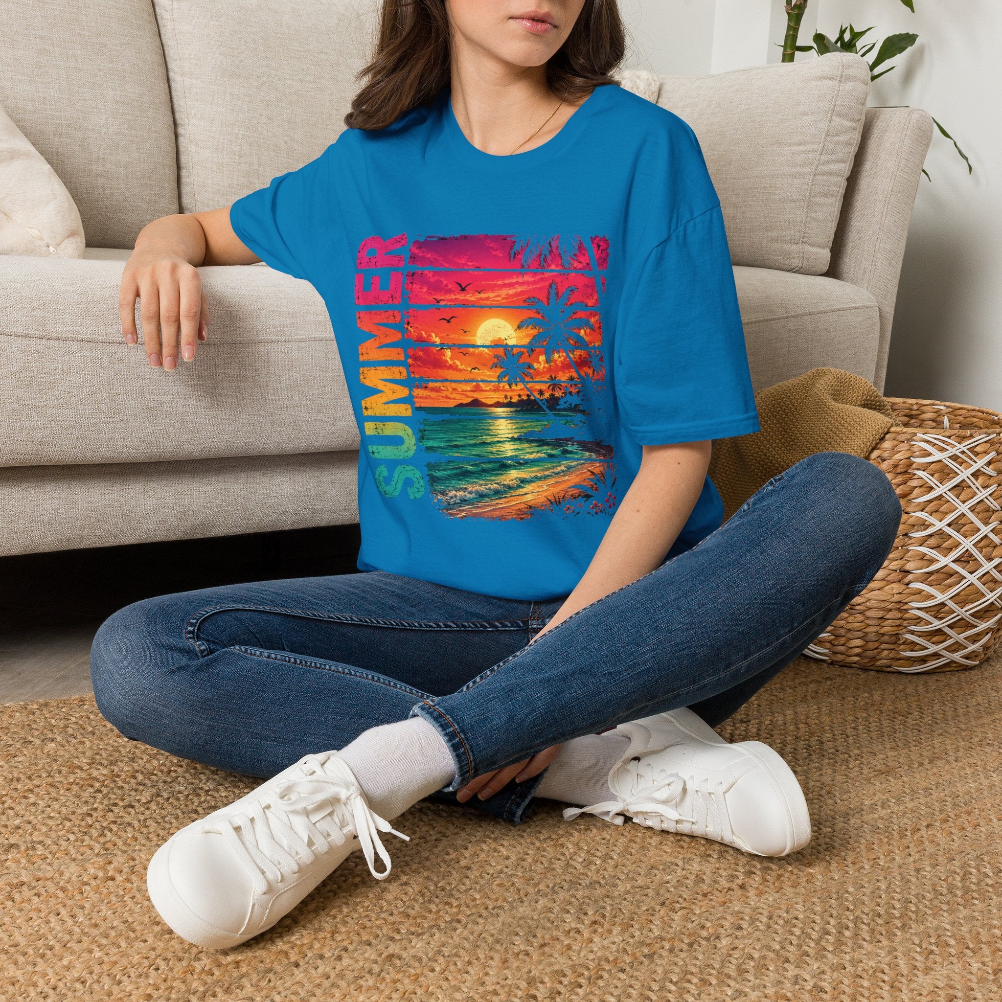 Sunset Palm Beach T-Shirt — Hot Pink & Teal Ocean Vibes