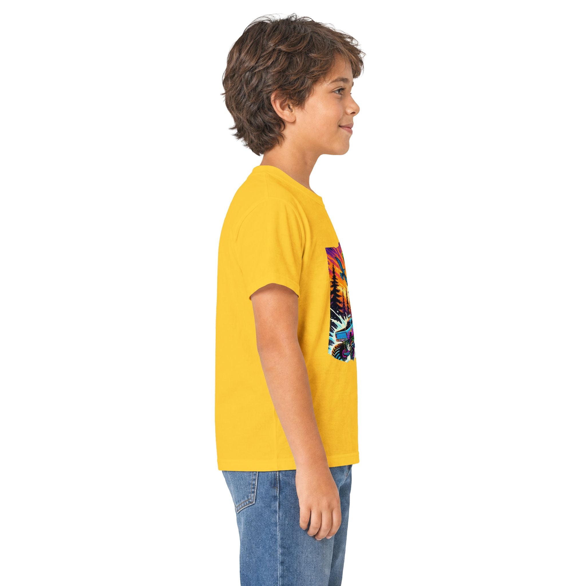 Kids T‑Shirt — Neon T‑Rex & Monster Truck Graphic
