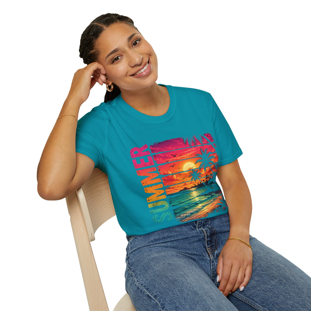 Sunset Palm Beach T-Shirt — Hot Pink & Teal Ocean Vibes