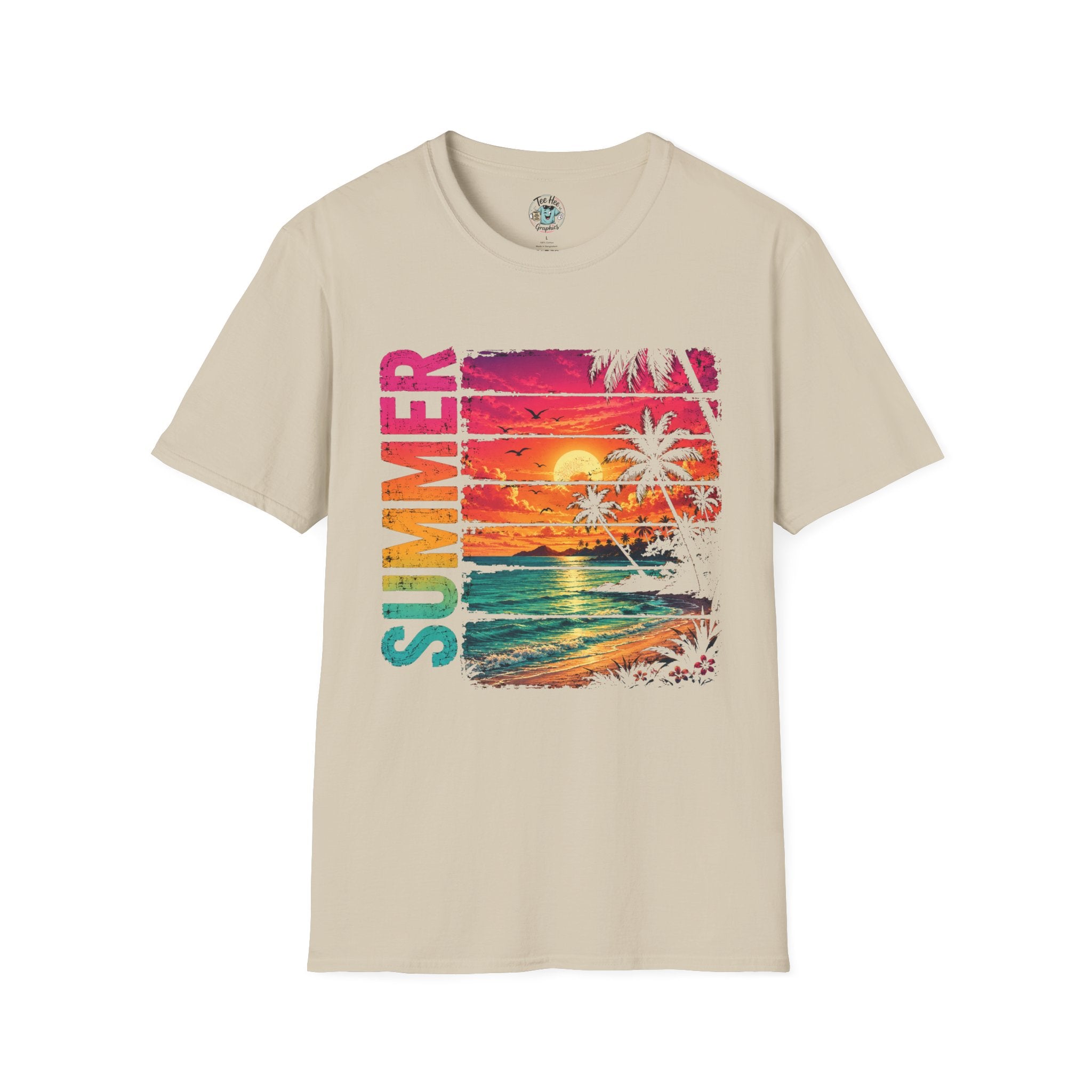 Sunset Palm Beach T-Shirt — Hot Pink & Teal Ocean Vibes