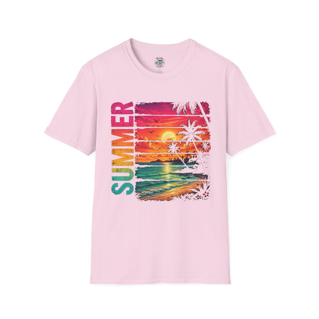Sunset Palm Beach T-Shirt — Hot Pink & Teal Ocean Vibes