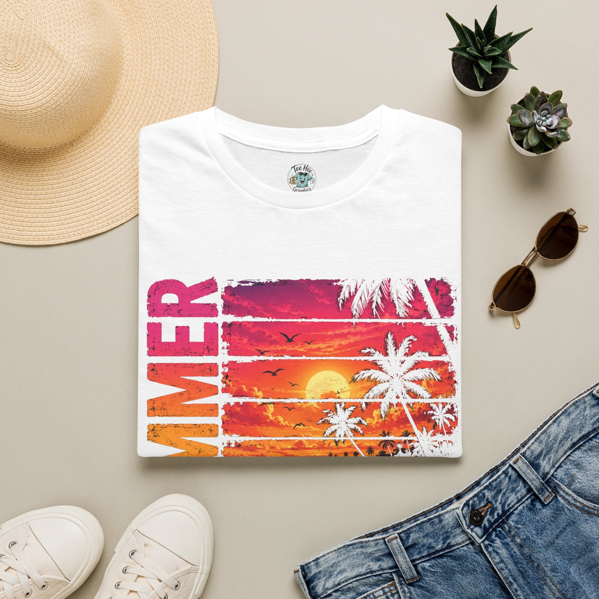 Sunset Palm Beach T-Shirt — Hot Pink & Teal Ocean Vibes