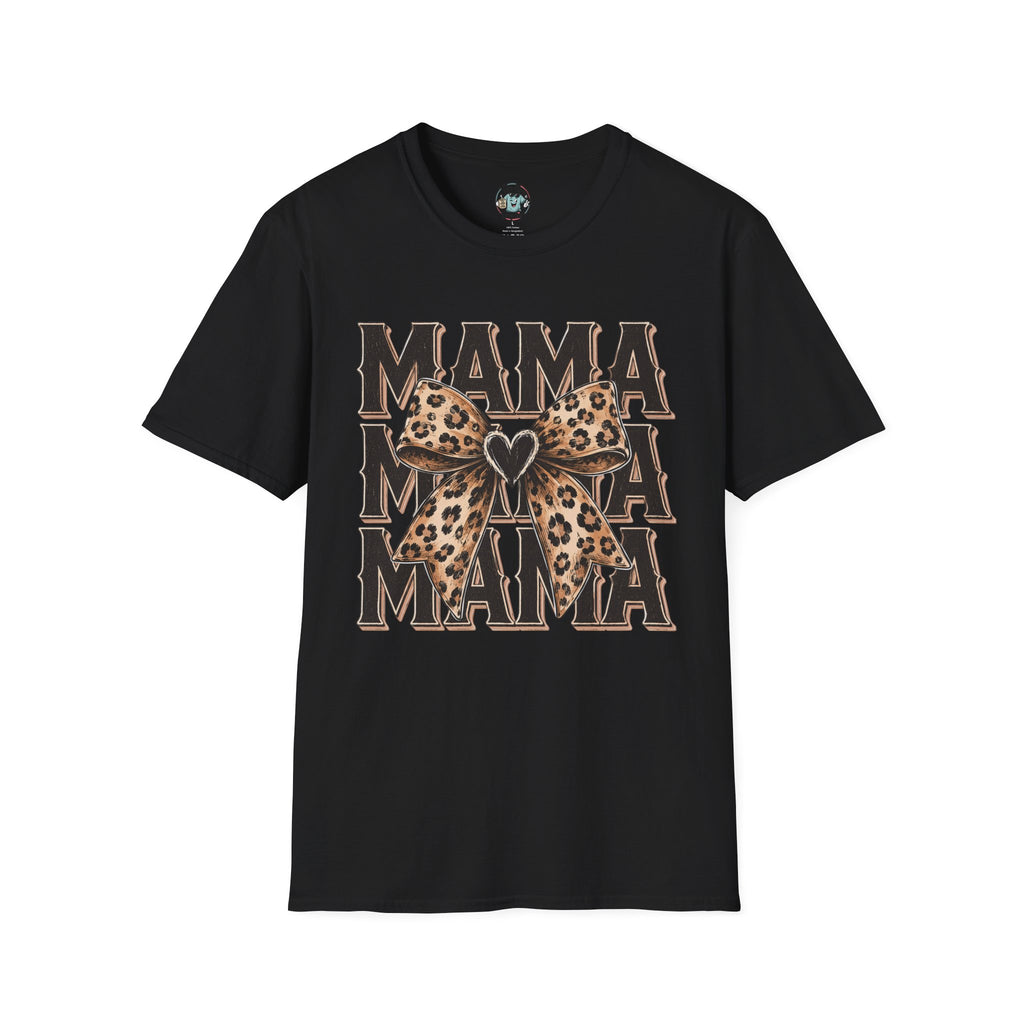 Mama Leopard Bow T‑Shirt — Mama Graphic Tee with Leopard Print Bow