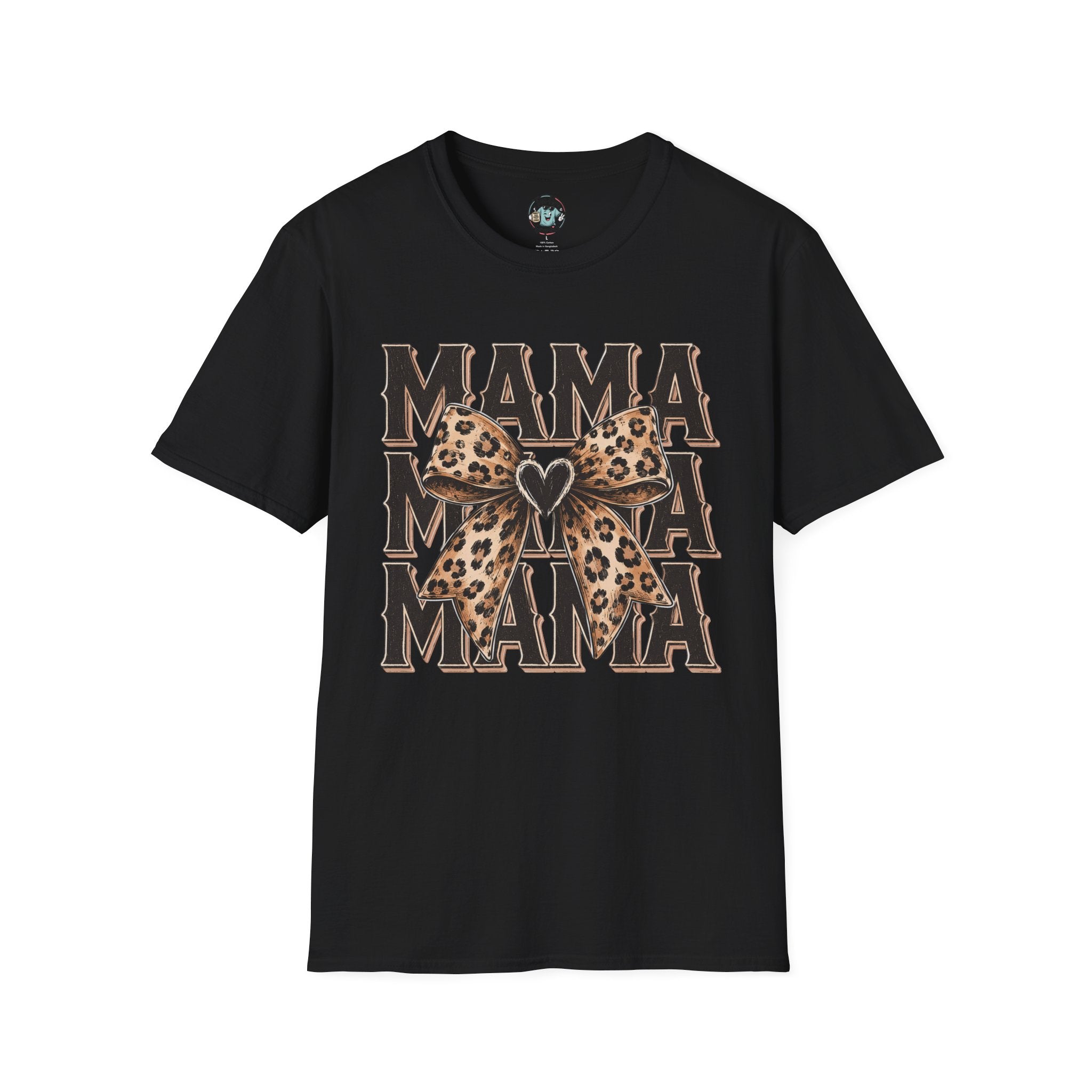 Mama Leopard Bow T‑Shirt — Mama Graphic Tee with Leopard Print Bow