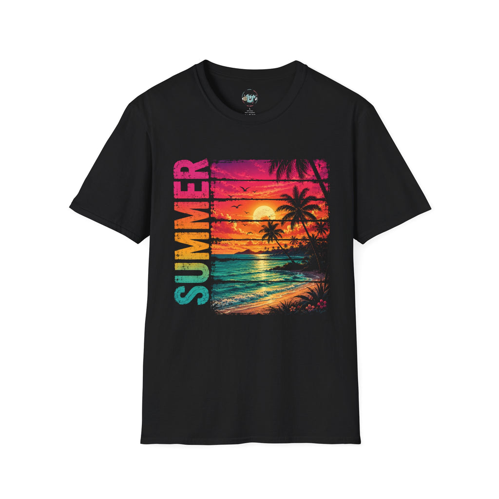Sunset Palm Beach T-Shirt — Hot Pink & Teal Ocean Vibes