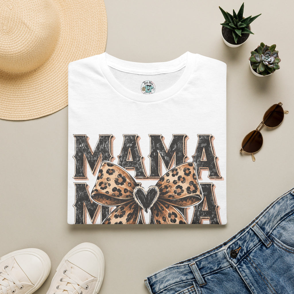 Mama Leopard Bow T‑Shirt — Mama Graphic Tee with Leopard Print Bow