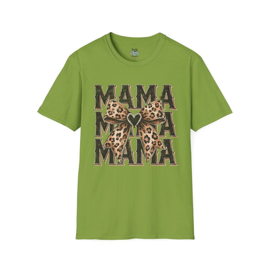 Mama Leopard Bow T‑Shirt — Mama Graphic Tee with Leopard Print Bow
