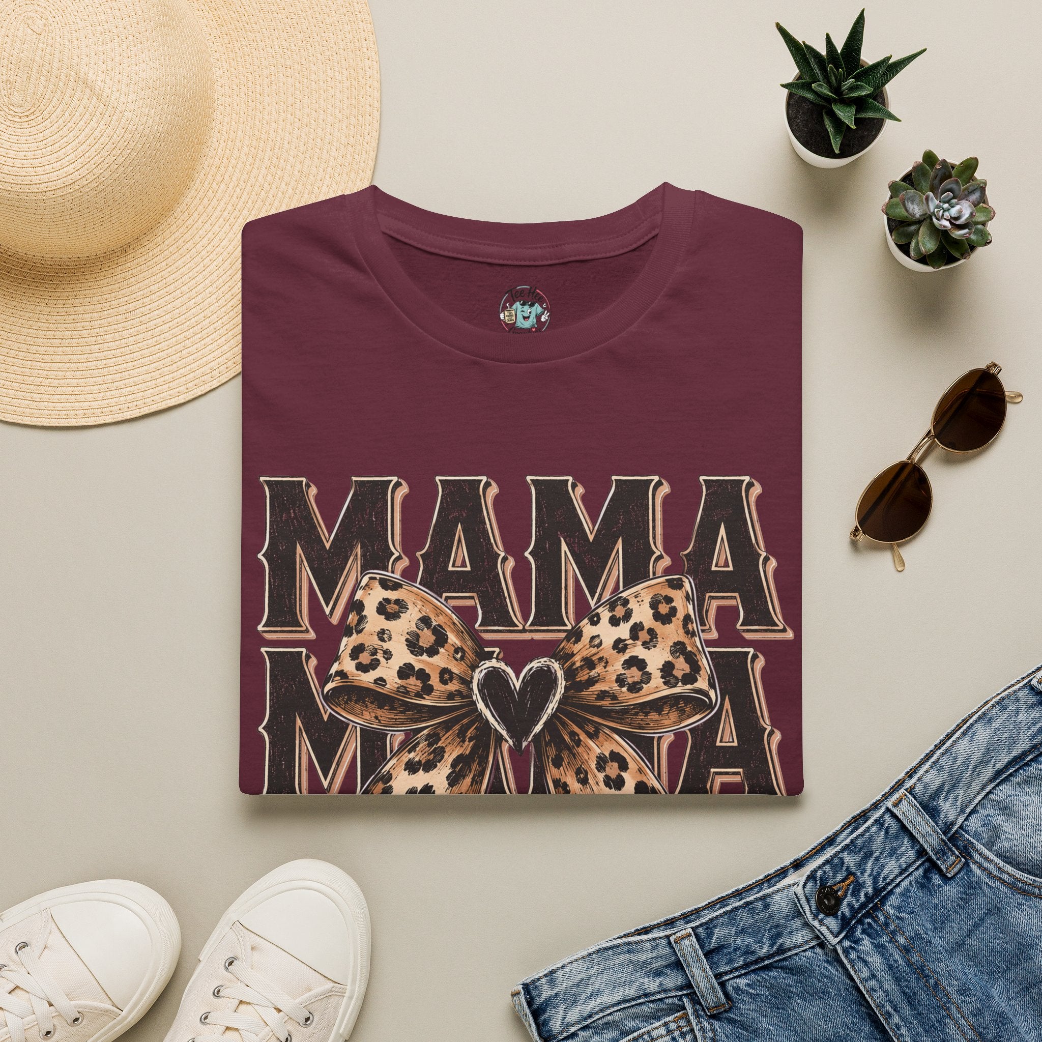 Mama Leopard Bow T‑Shirt — Mama Graphic Tee with Leopard Print Bow