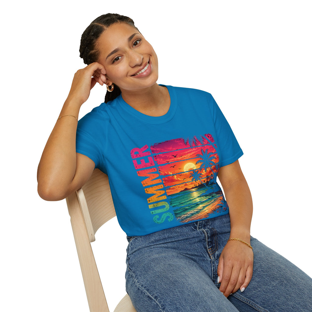 Sunset Palm Beach T-Shirt — Hot Pink & Teal Ocean Vibes