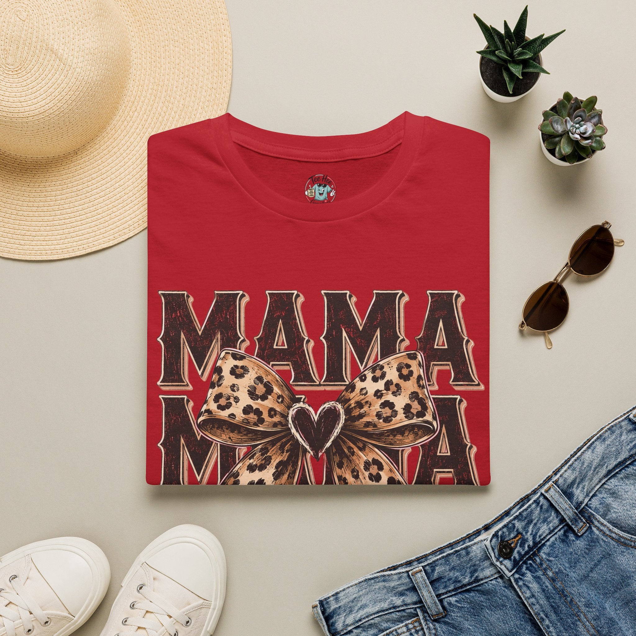 Mama Leopard Bow T‑Shirt — Mama Graphic Tee with Leopard Print Bow