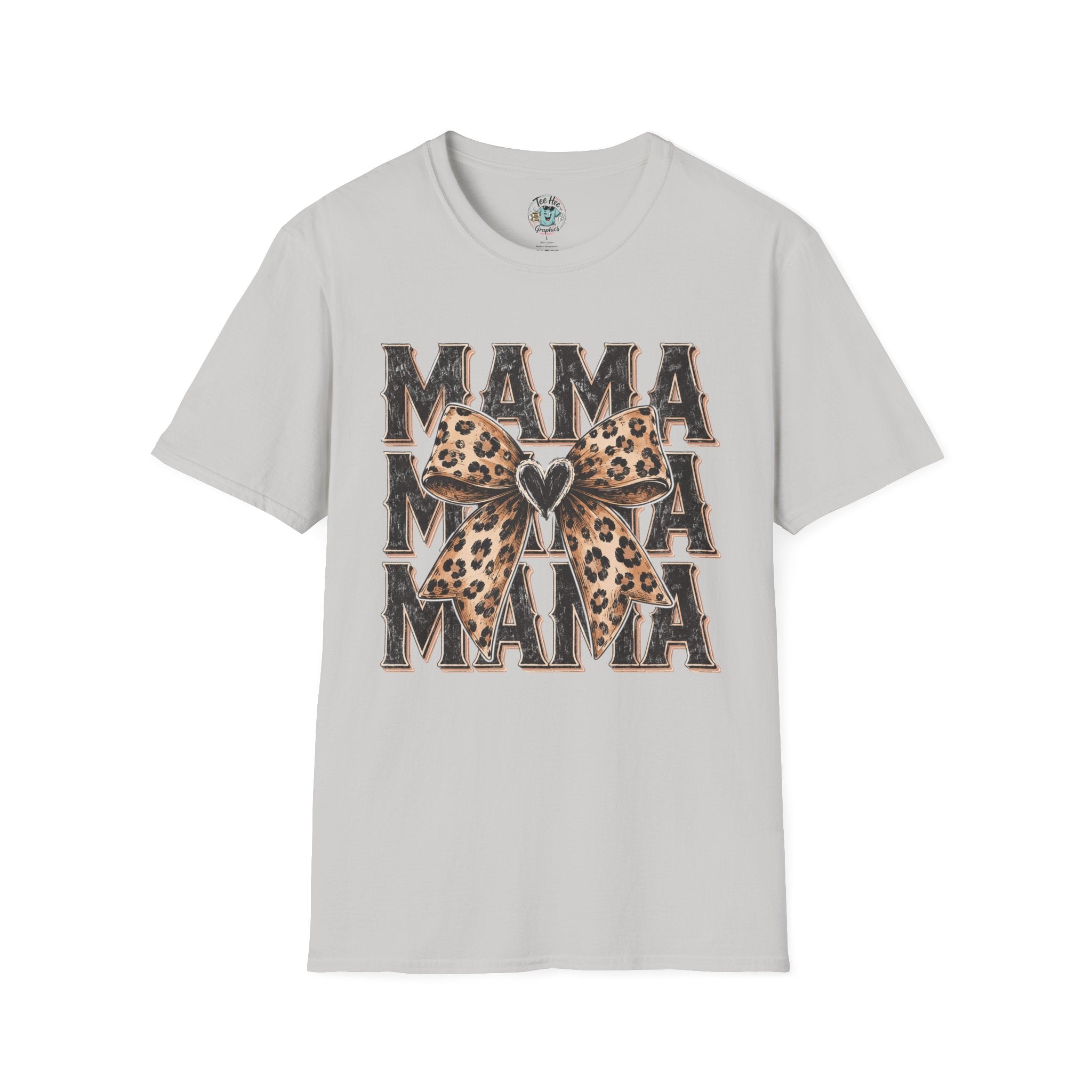 Mama Leopard Bow T‑Shirt — Mama Graphic Tee with Leopard Print Bow