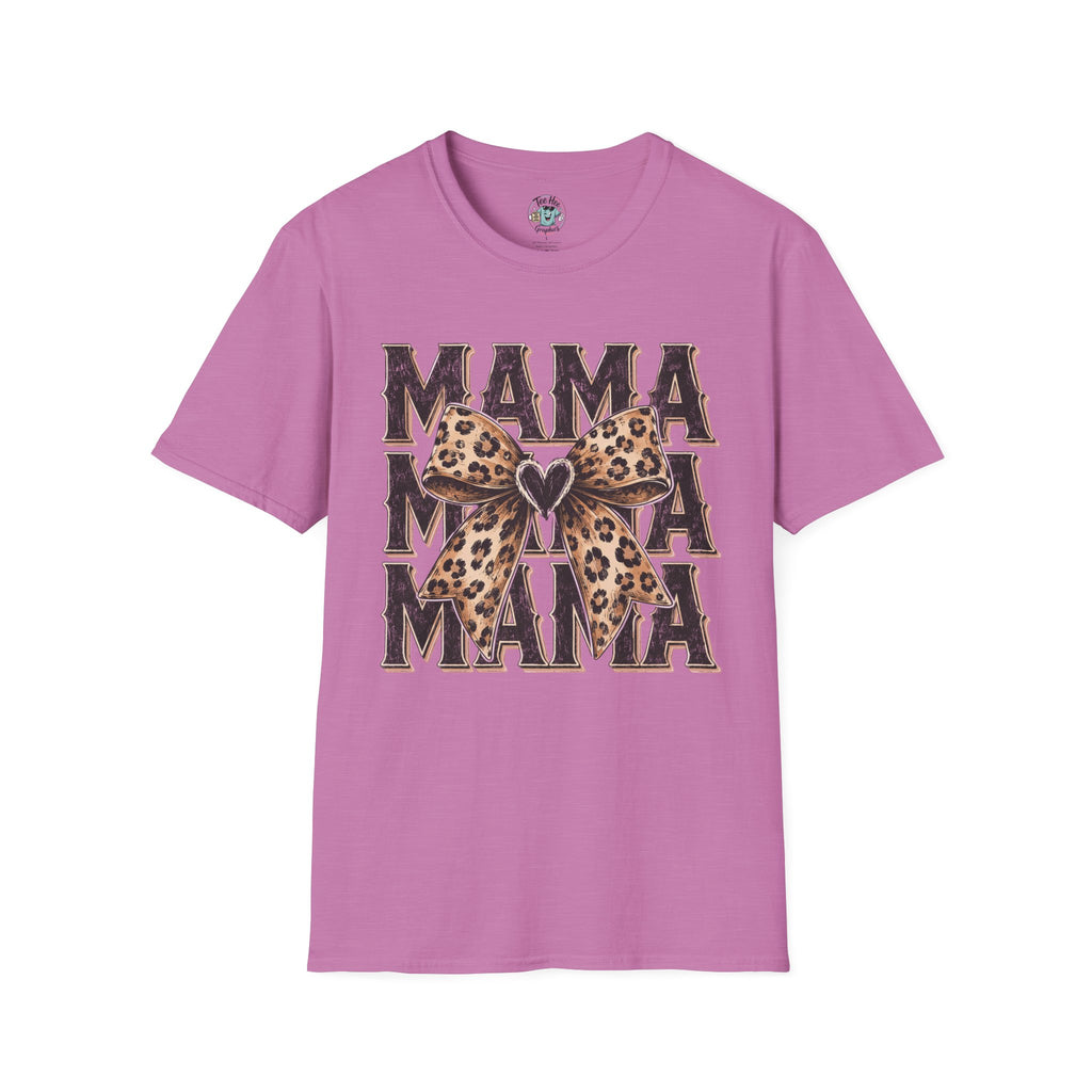 Mama Leopard Bow T‑Shirt — Mama Graphic Tee with Leopard Print Bow