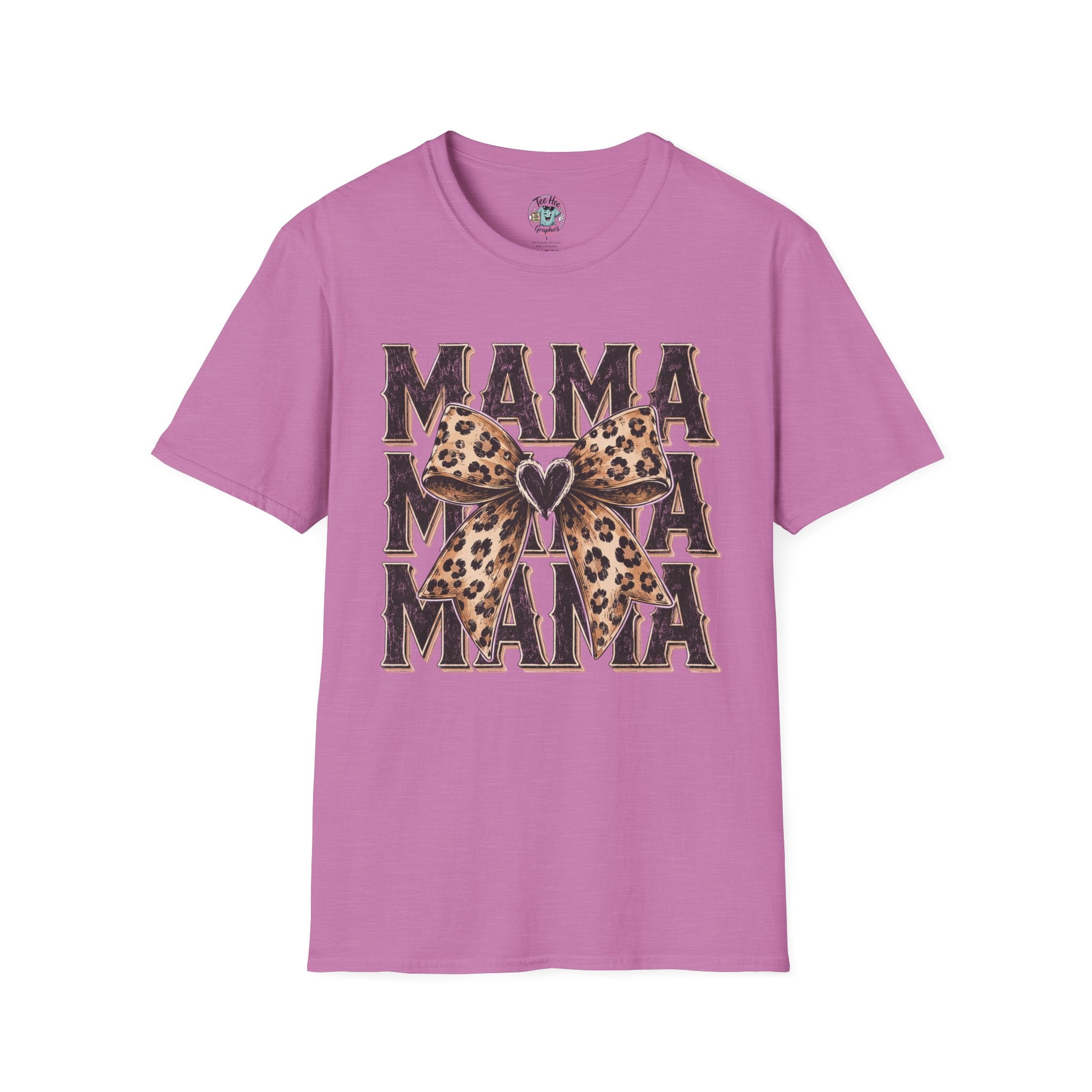 Mama Leopard Bow T‑Shirt — Mama Graphic Tee with Leopard Print Bow