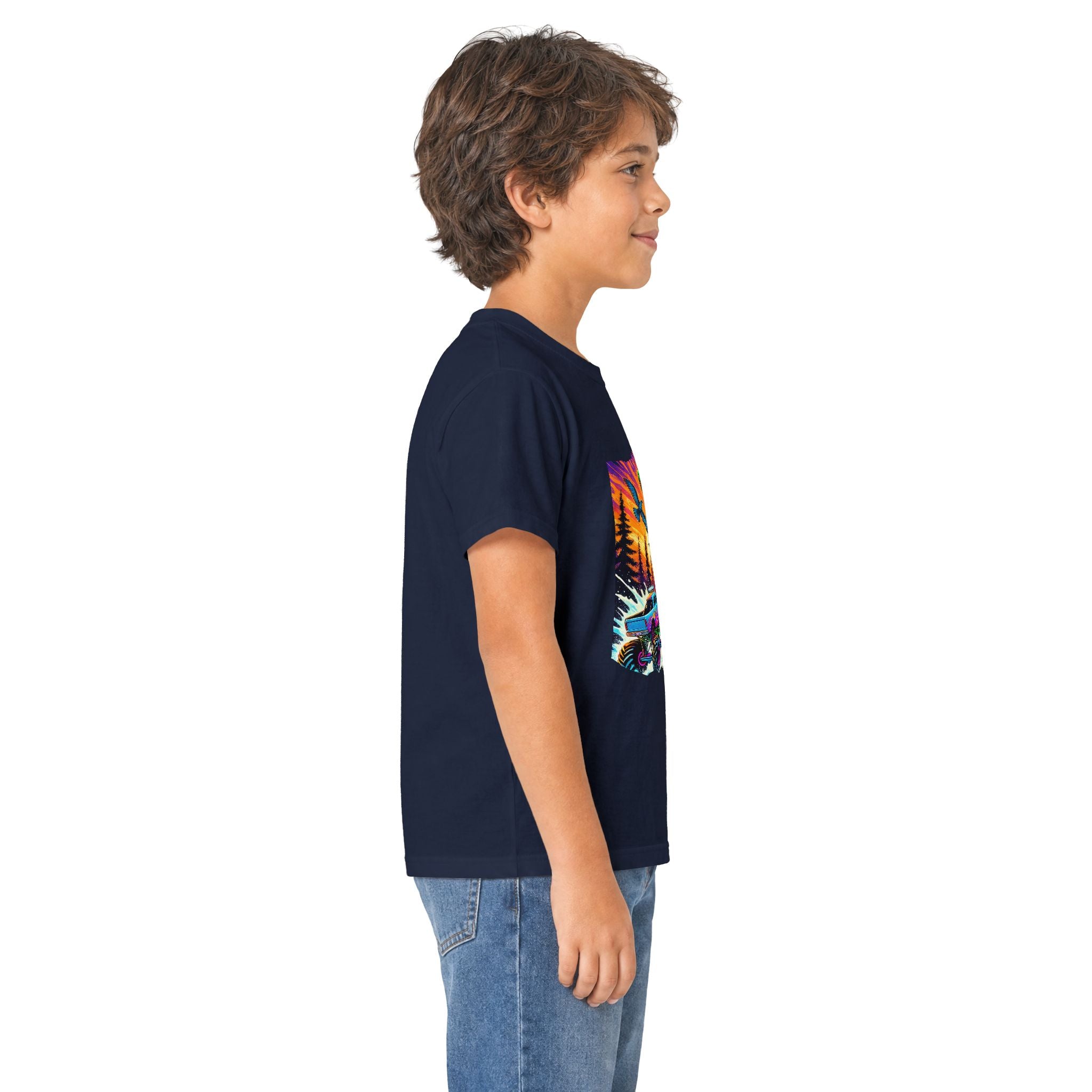 Kids T‑Shirt — Neon T‑Rex & Monster Truck Graphic