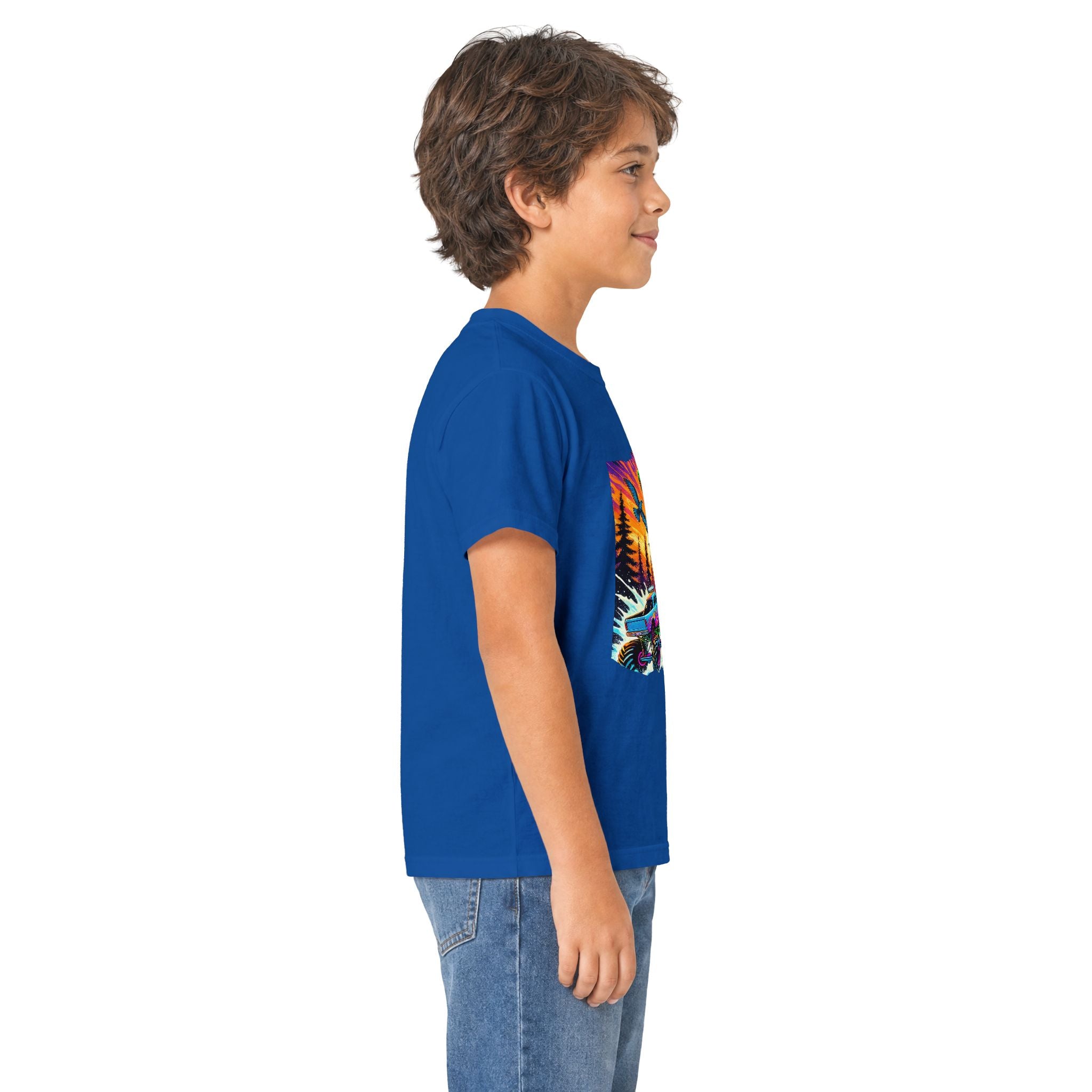 Kids T‑Shirt — Neon T‑Rex & Monster Truck Graphic
