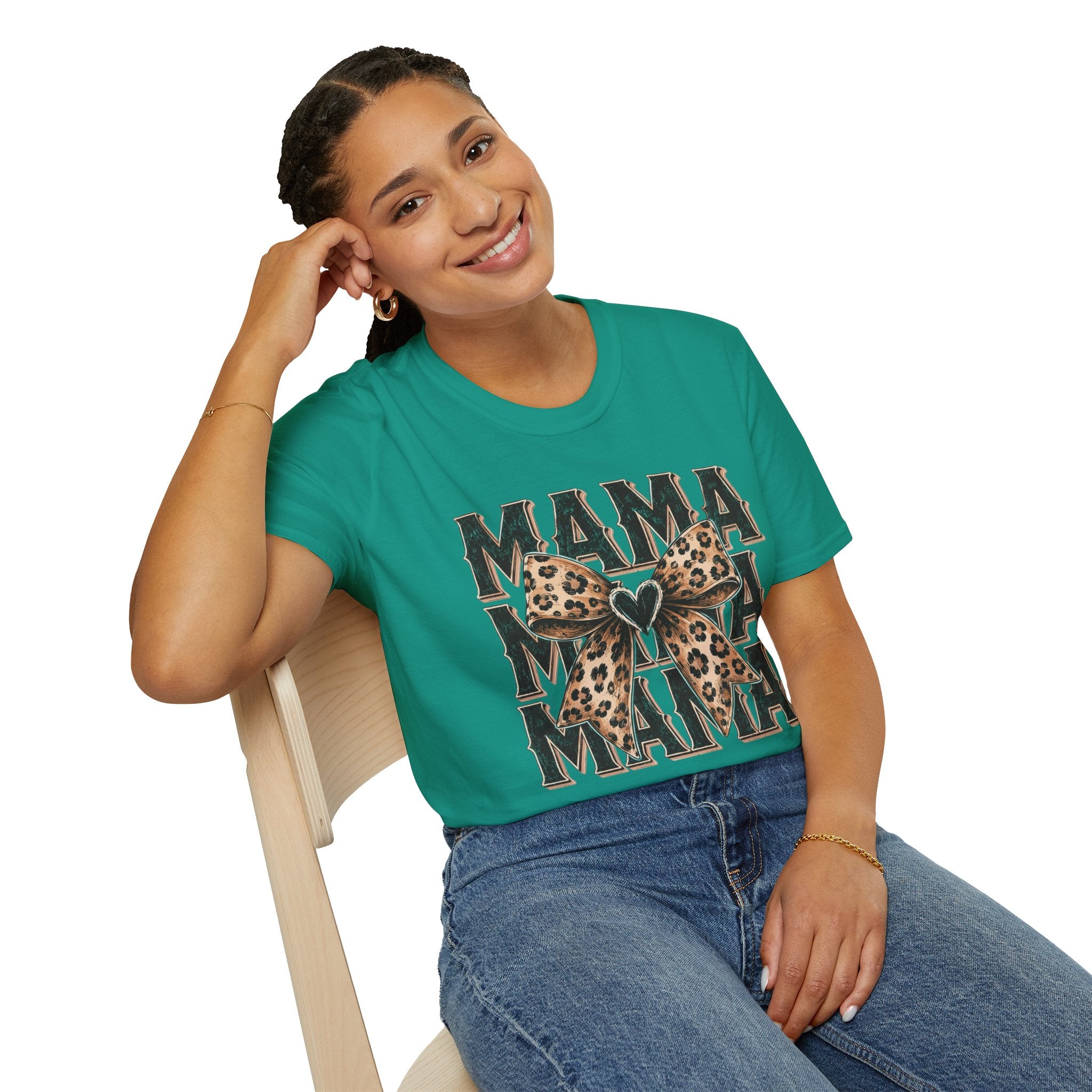 Mama Leopard Bow T‑Shirt — Mama Graphic Tee with Leopard Print Bow