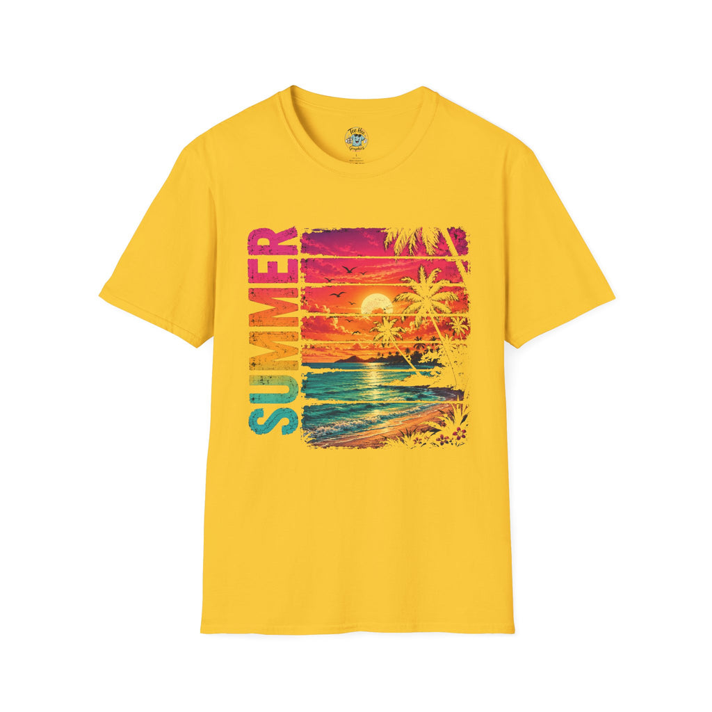 Sunset Palm Beach T-Shirt — Hot Pink & Teal Ocean Vibes