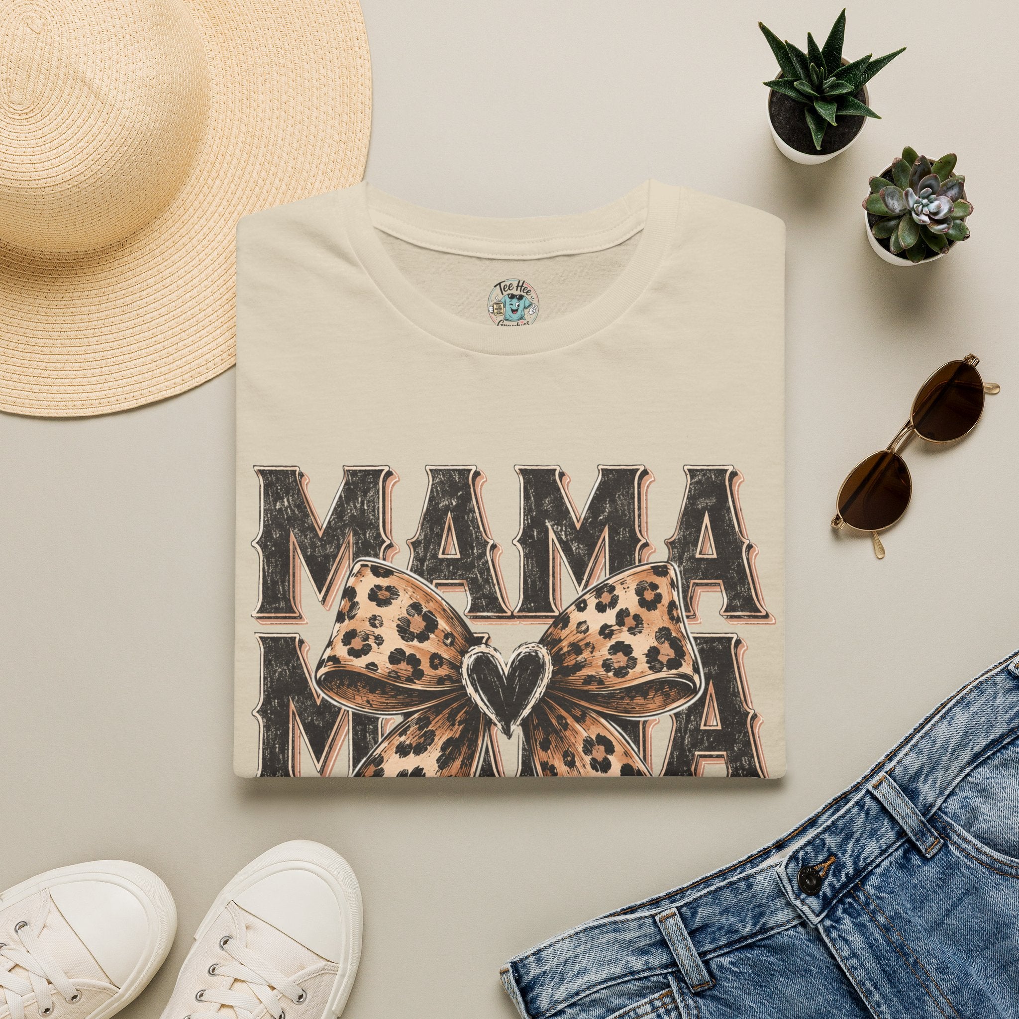 Mama Leopard Bow T‑Shirt — Mama Graphic Tee with Leopard Print Bow