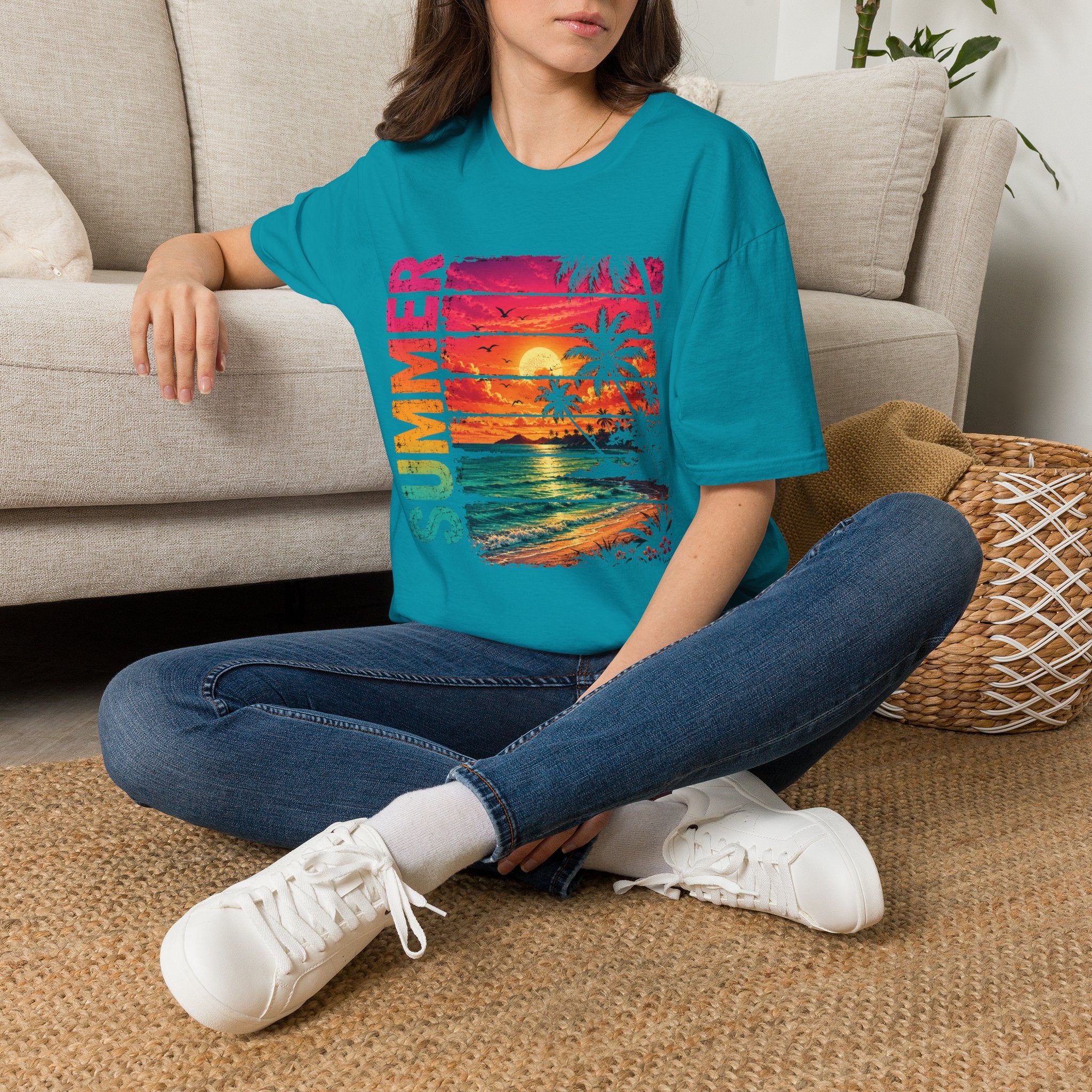 Sunset Palm Beach T-Shirt — Hot Pink & Teal Ocean Vibes