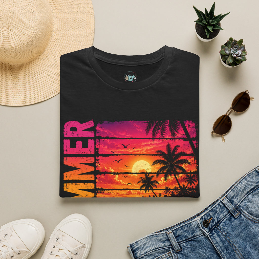 Sunset Palm Beach T-Shirt — Hot Pink & Teal Ocean Vibes