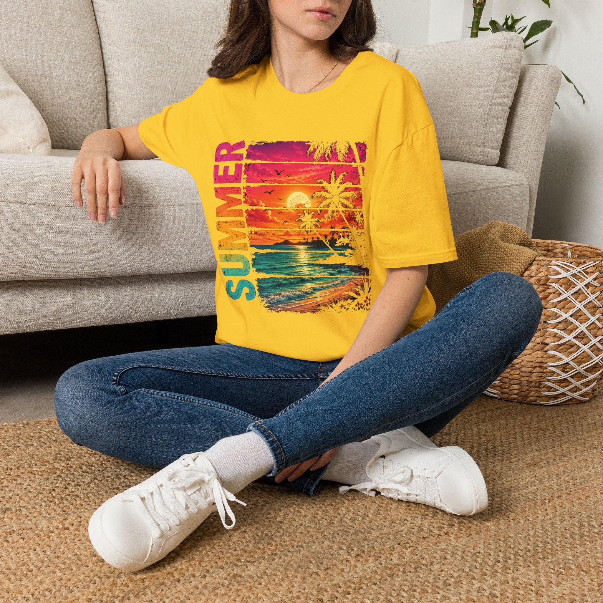 Sunset Palm Beach T-Shirt — Hot Pink & Teal Ocean Vibes