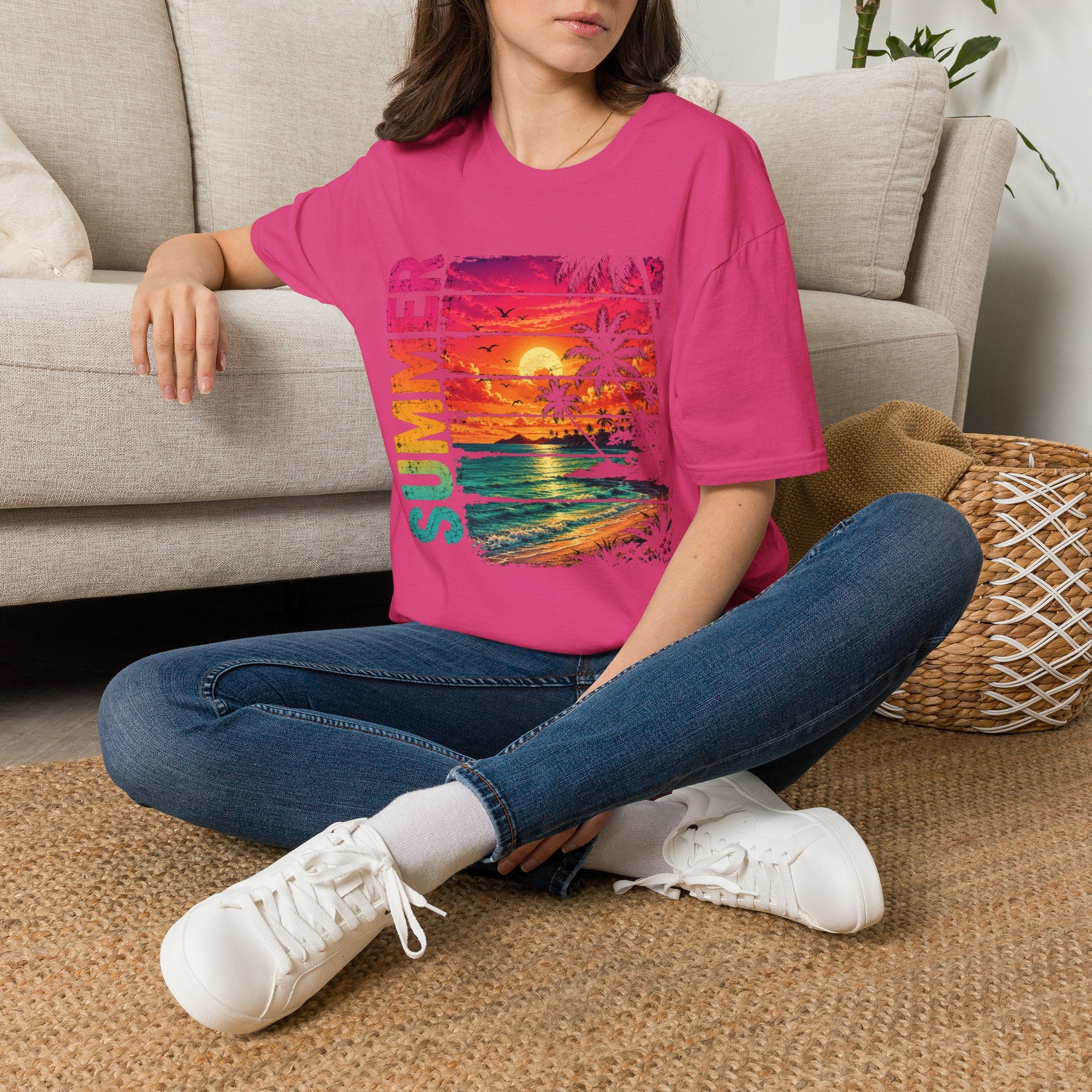 Sunset Palm Beach T-Shirt — Hot Pink & Teal Ocean Vibes