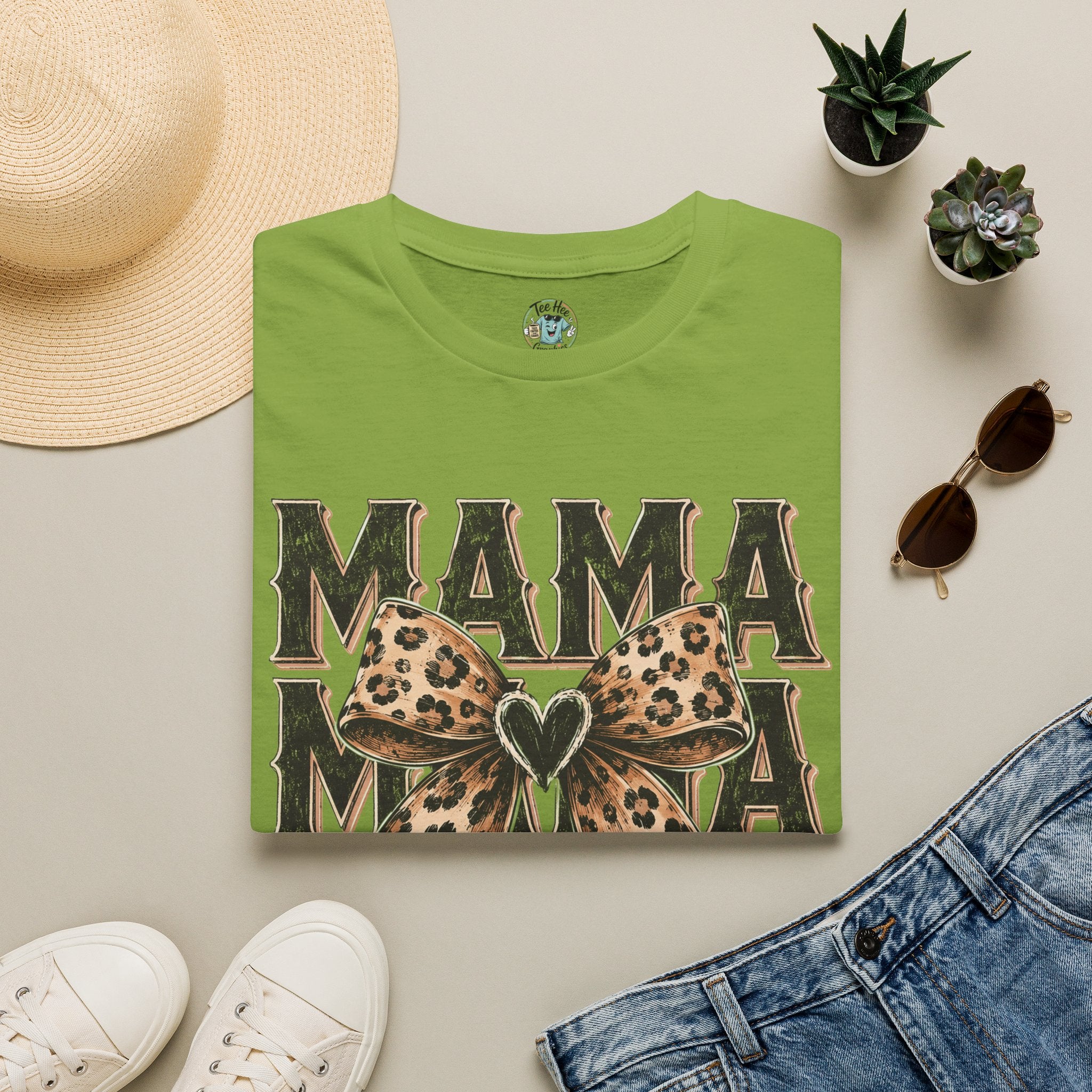 Mama Leopard Bow T‑Shirt — Mama Graphic Tee with Leopard Print Bow