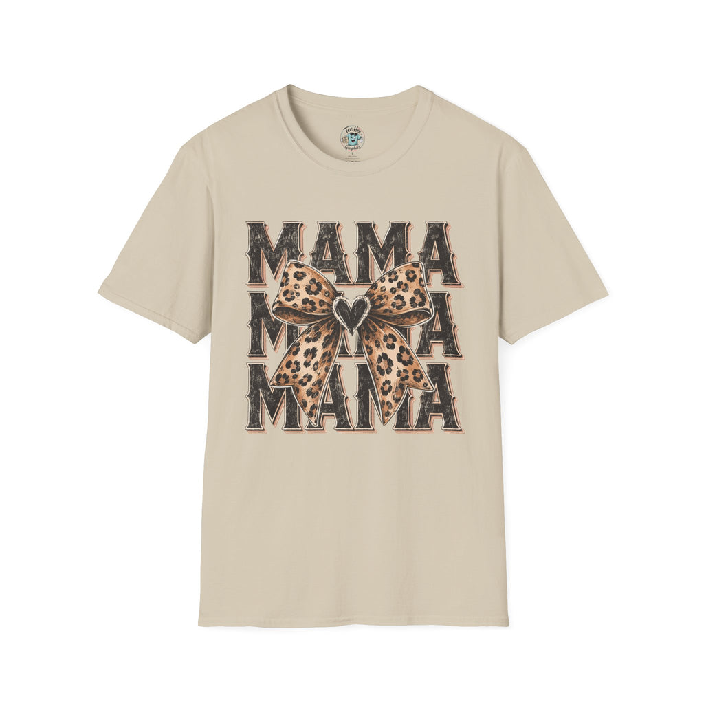 Mama Leopard Bow T‑Shirt — Mama Graphic Tee with Leopard Print Bow
