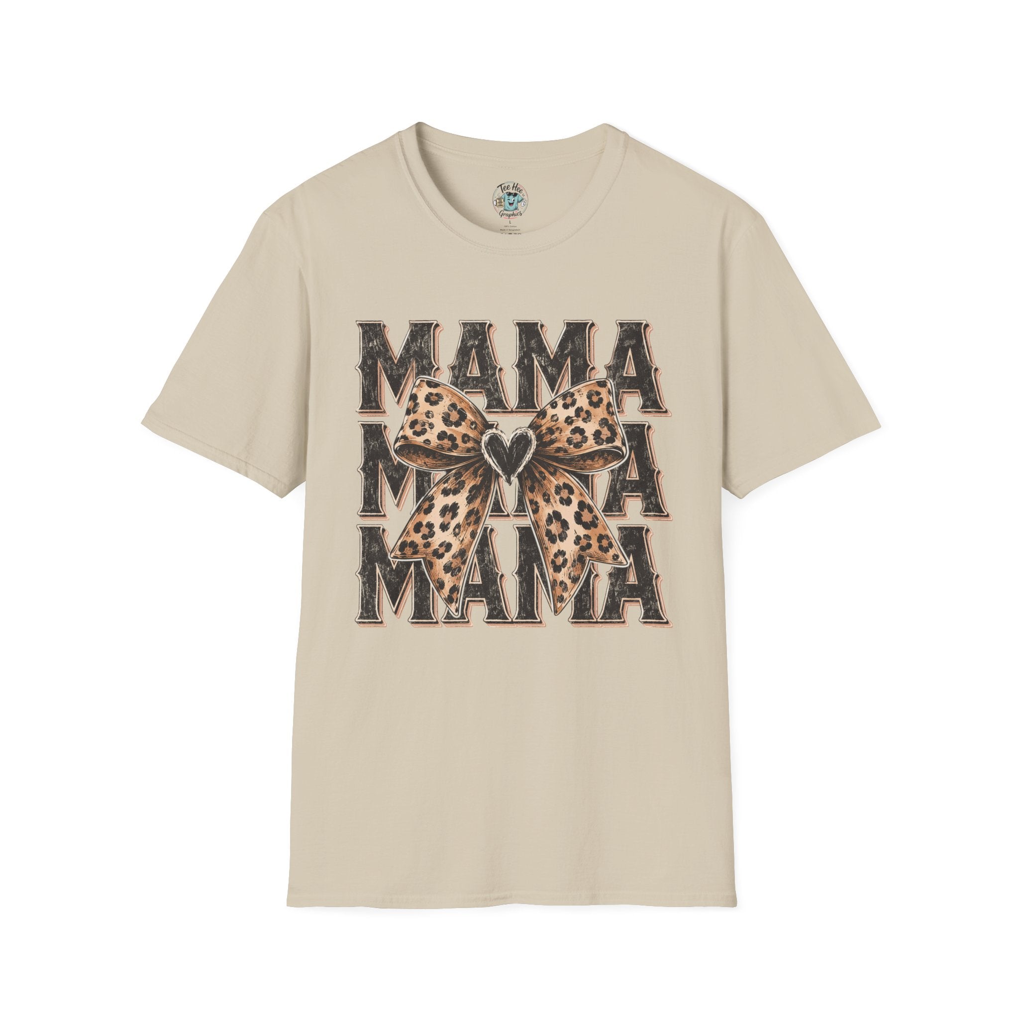 Mama Leopard Bow T‑Shirt — Mama Graphic Tee with Leopard Print Bow