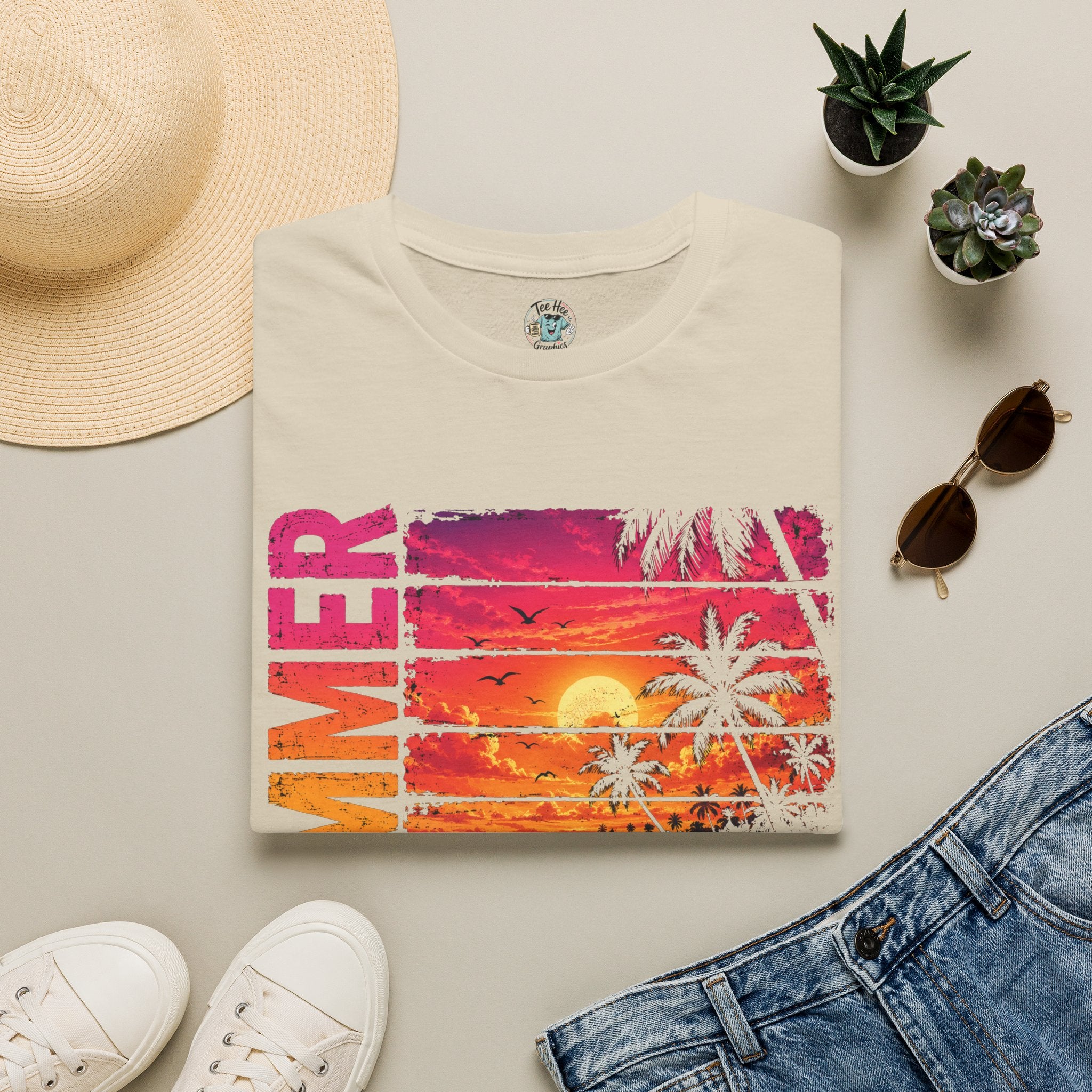 Sunset Palm Beach T-Shirt — Hot Pink & Teal Ocean Vibes