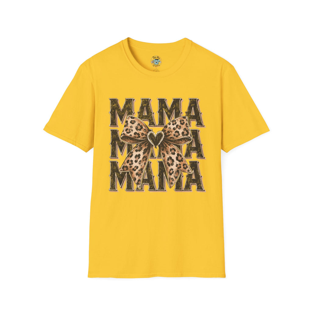 Mama Leopard Bow T‑Shirt — Mama Graphic Tee with Leopard Print Bow
