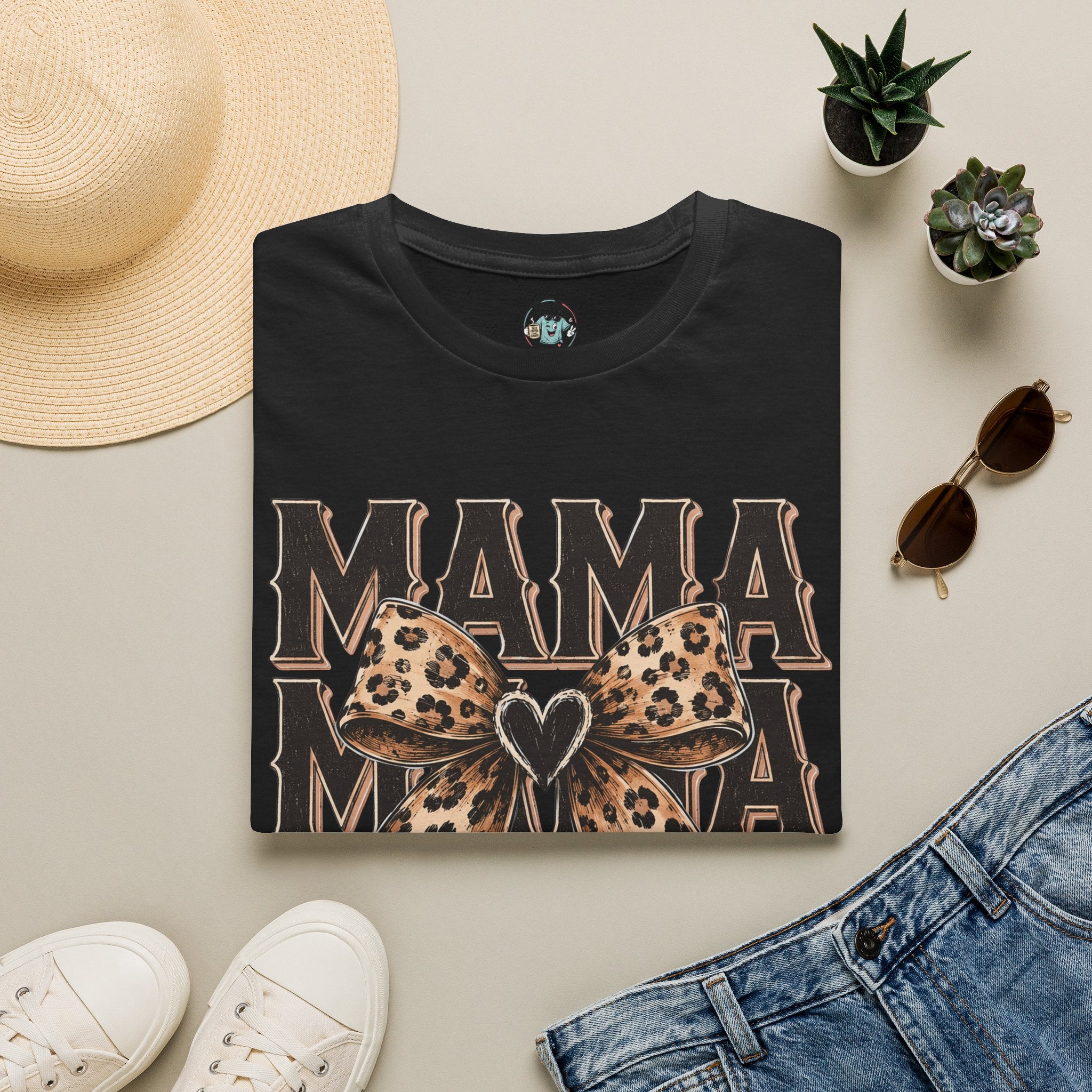 Mama Leopard Bow T‑Shirt — Mama Graphic Tee with Leopard Print Bow