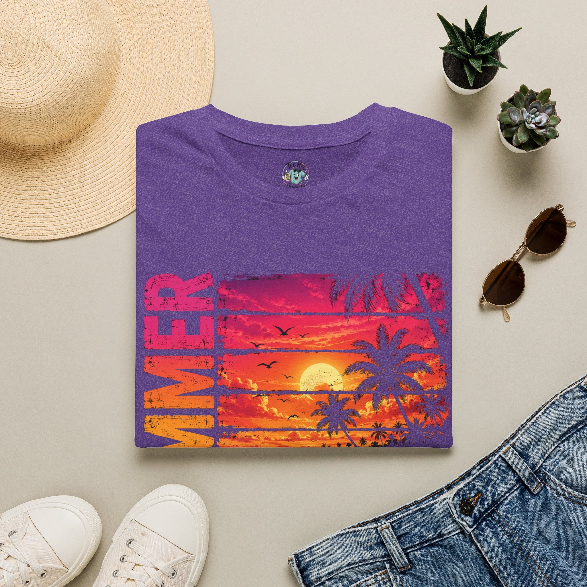 Sunset Palm Beach T-Shirt — Hot Pink & Teal Ocean Vibes
