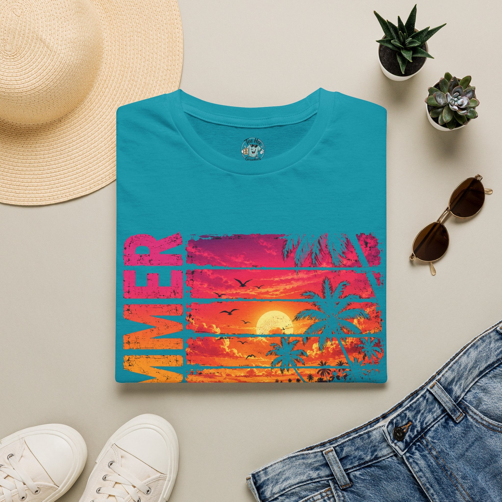 Sunset Palm Beach T-Shirt — Hot Pink & Teal Ocean Vibes