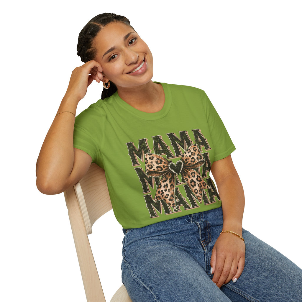 Mama Leopard Bow T‑Shirt — Mama Graphic Tee with Leopard Print Bow